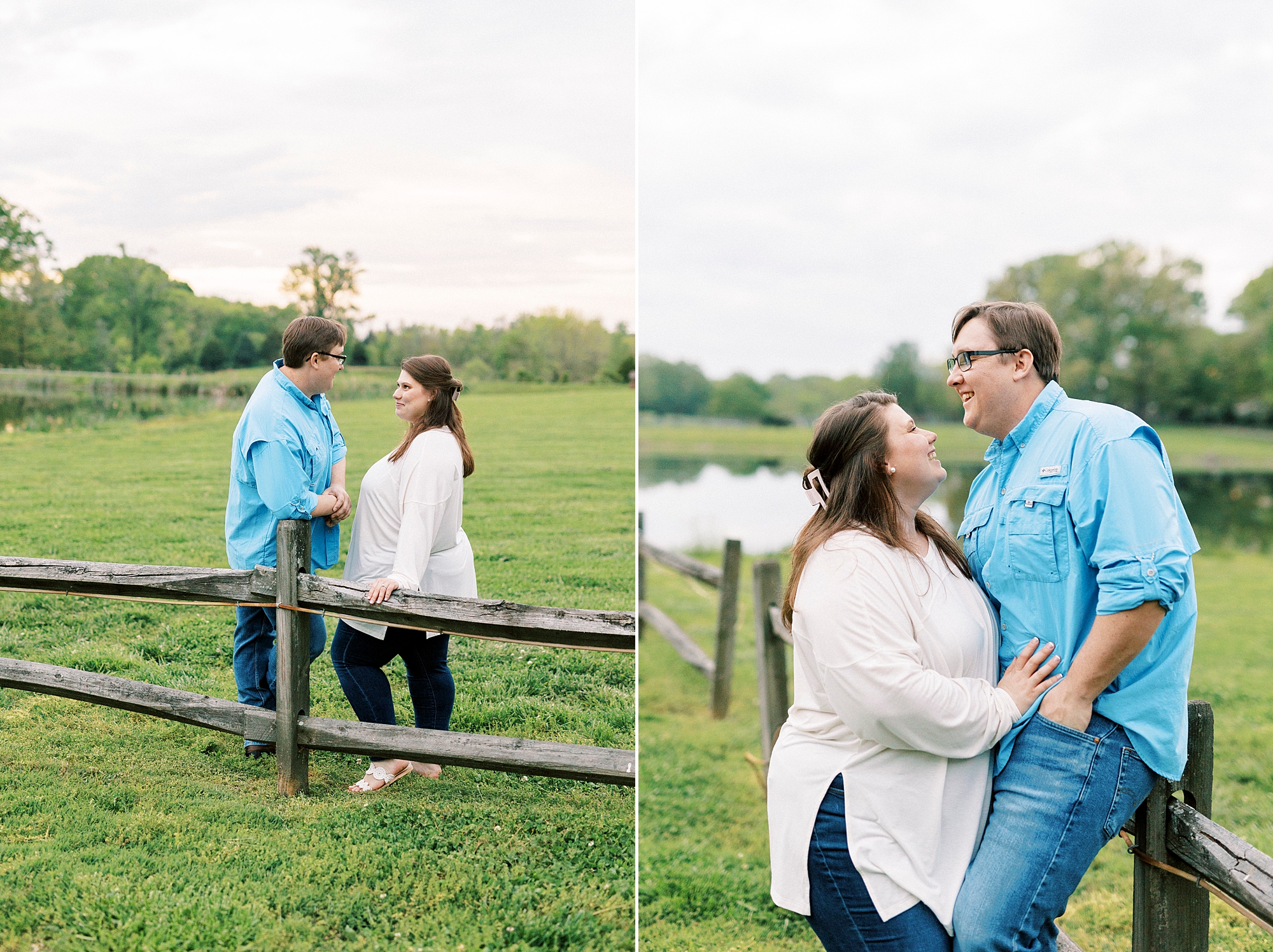 engaged couple hugs leaning against wooden fence near pasture at the Farmstead