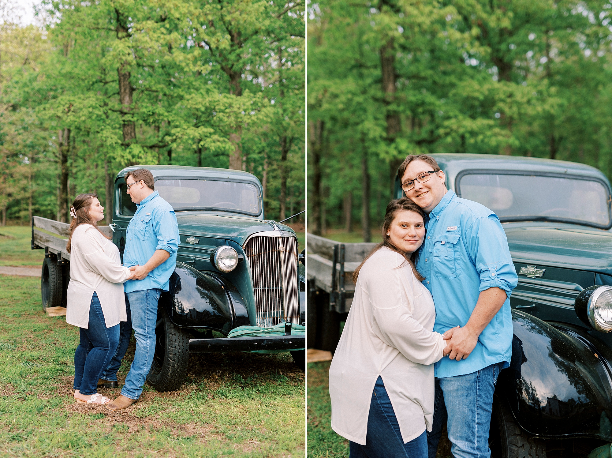 engaged couple leans against vintage truck at the Farmstead