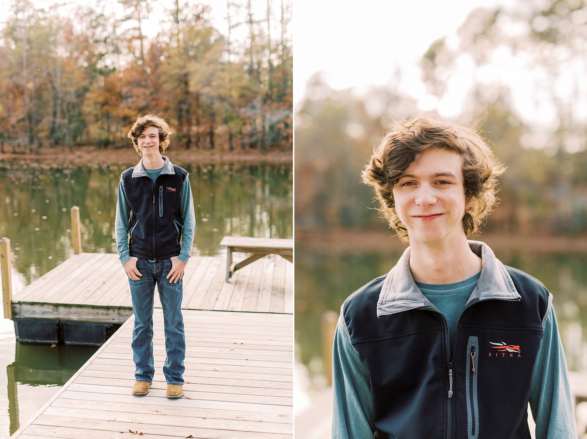 senior boy in vest and blue shirt sits by lake during senior portraits 