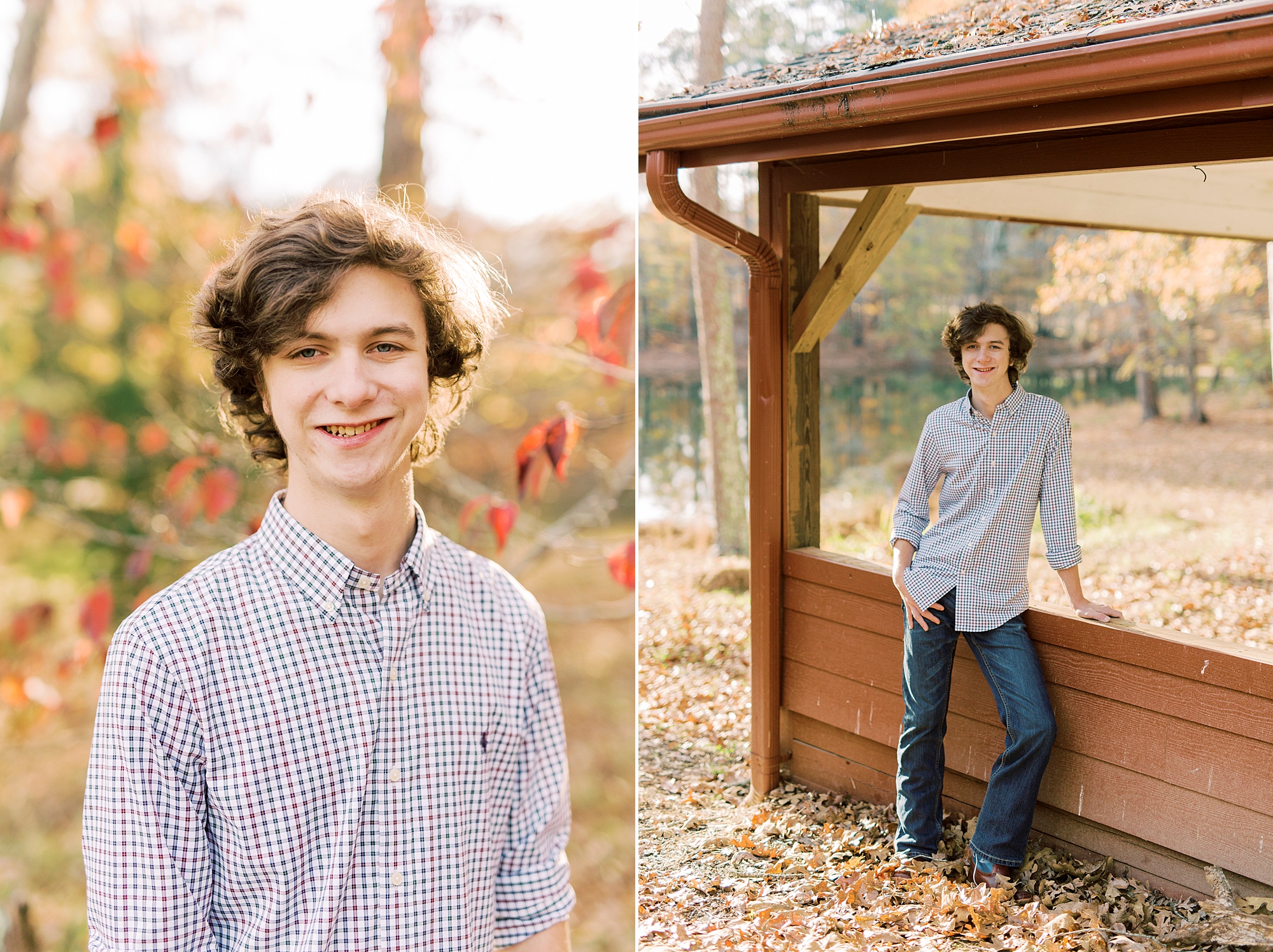 senior leans on wooden structure during fall senior photos