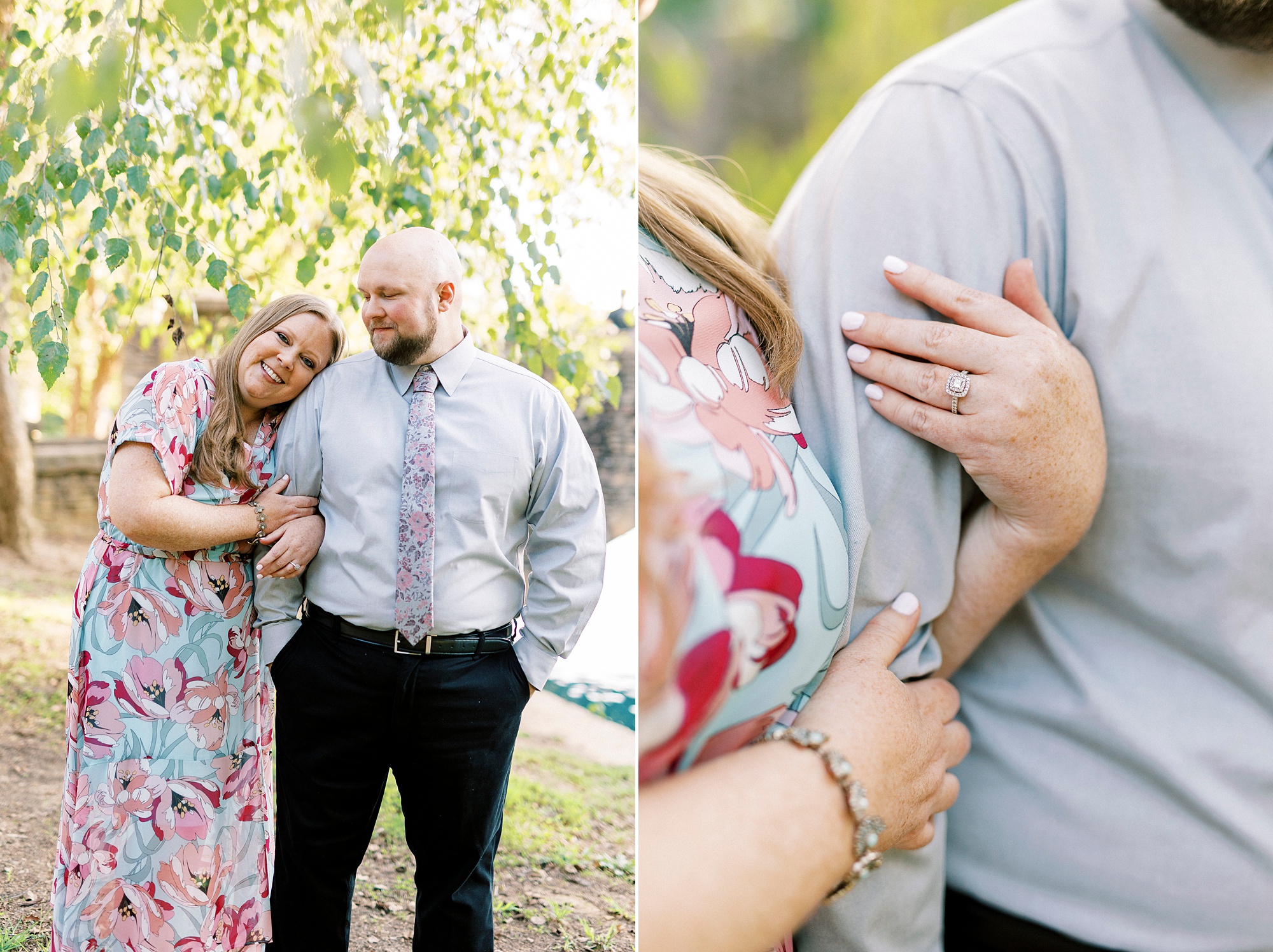 woman in pink and blue dress leans on man's arm during Freedom Park engagement portraits