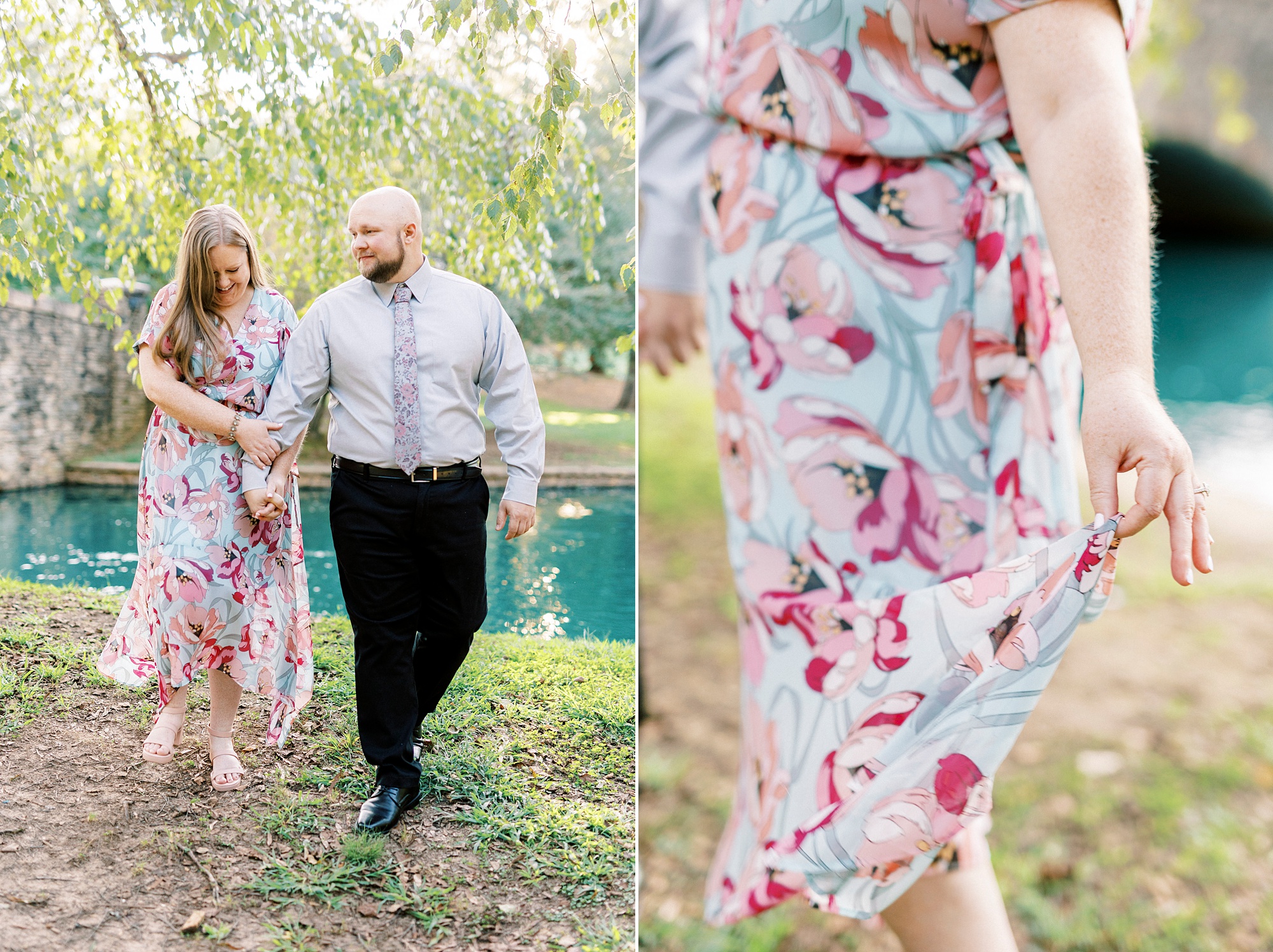 woman twirls skirt of pink and blue dress during spring Freedom Park engagement portraits