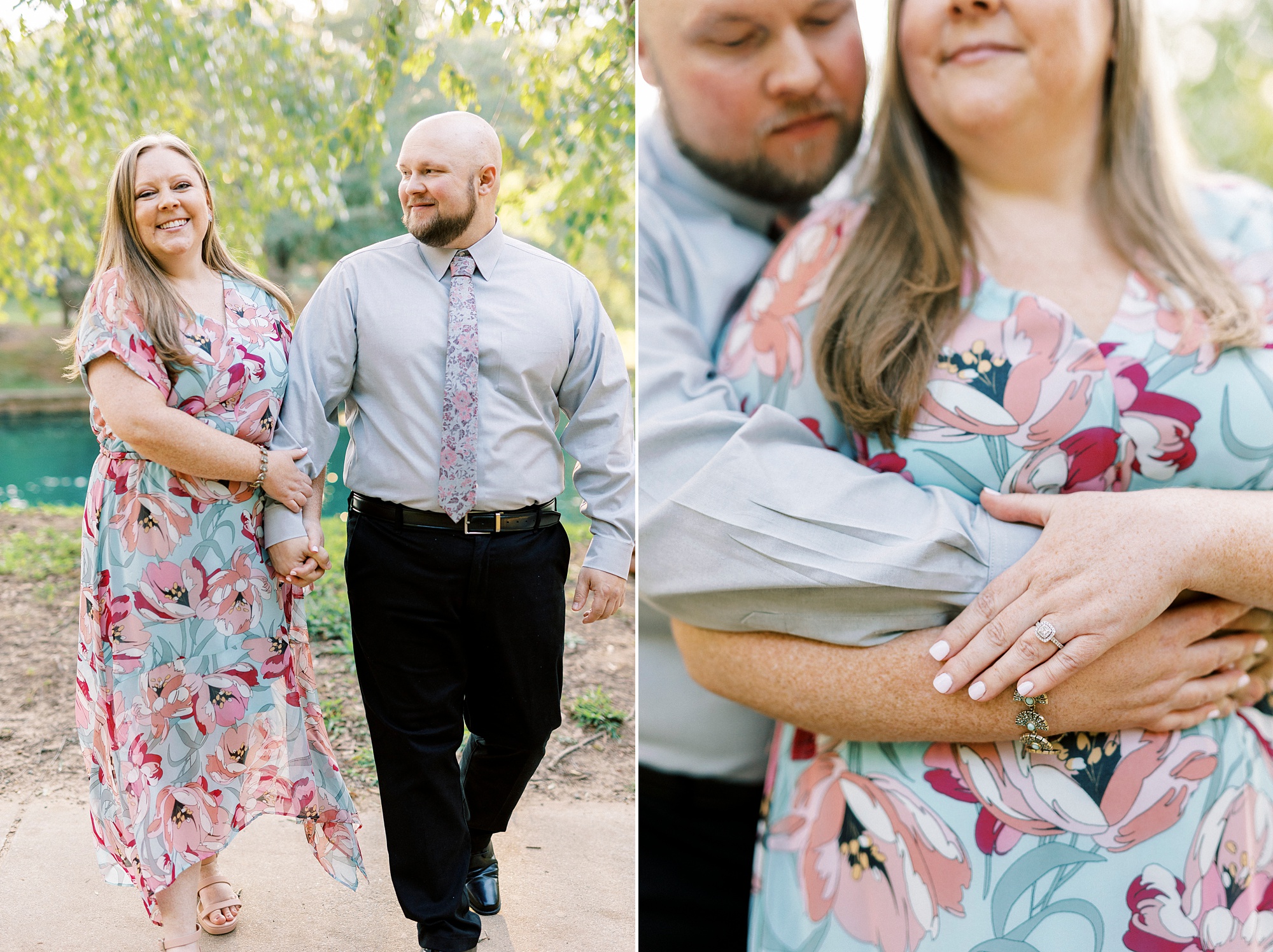 man hugs fiancee from behind during Freedom Park engagement portraits