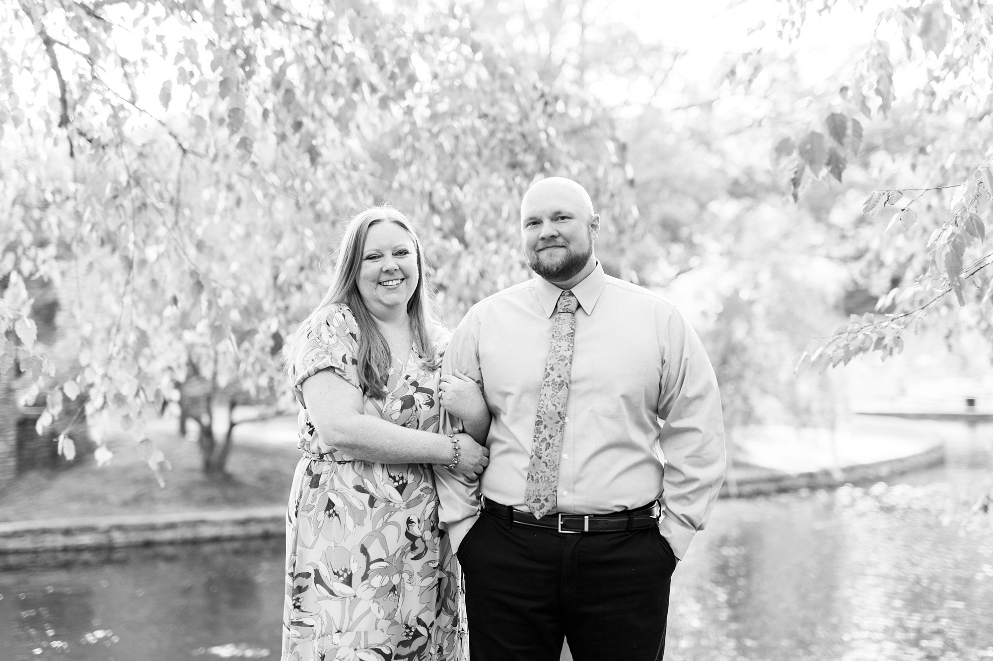 black and white portrait of engaged couple during spring Charlotte NC engagement photos 