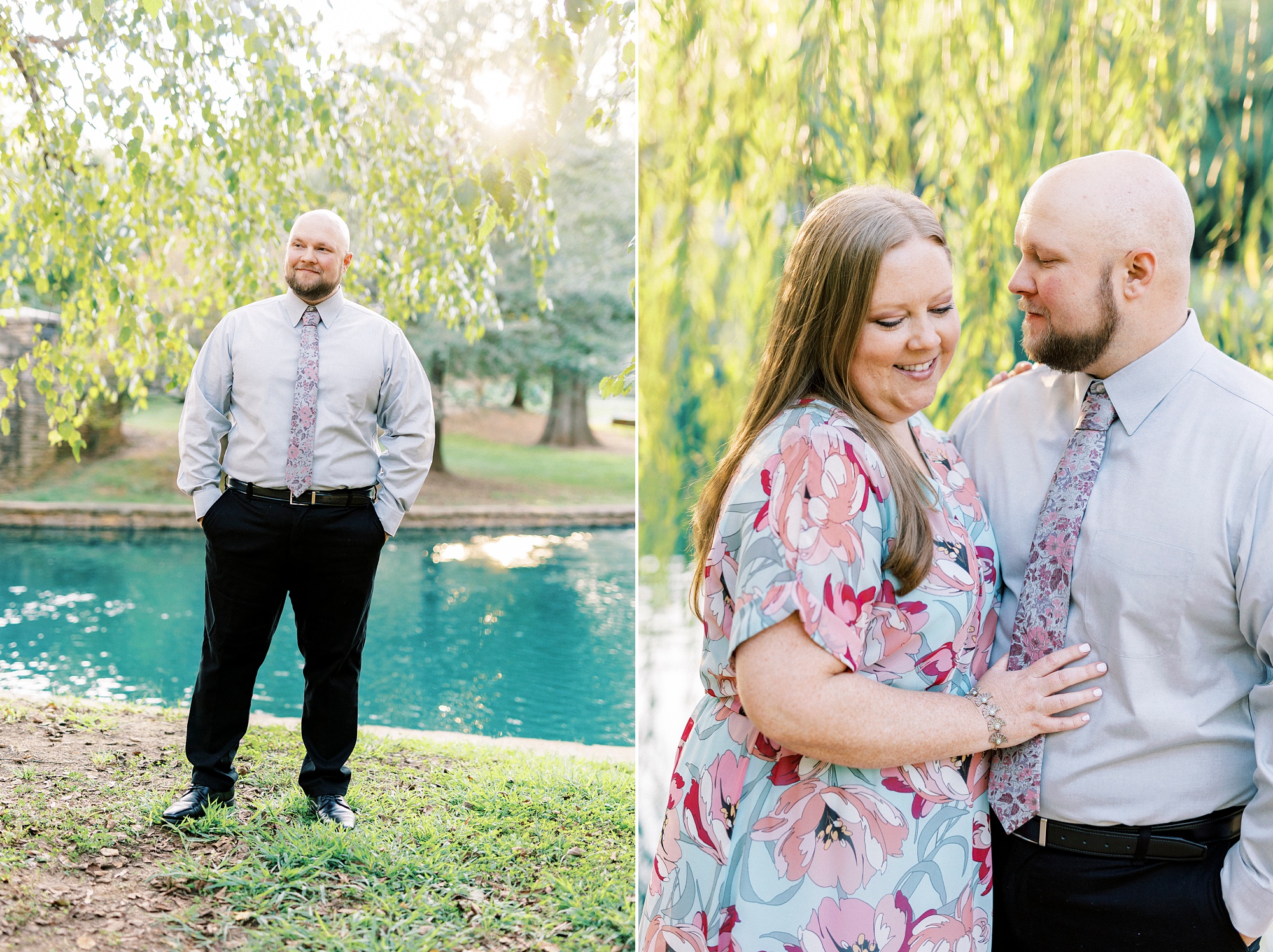 couple hugs under weeping willow during Freedom Park engagement portraits