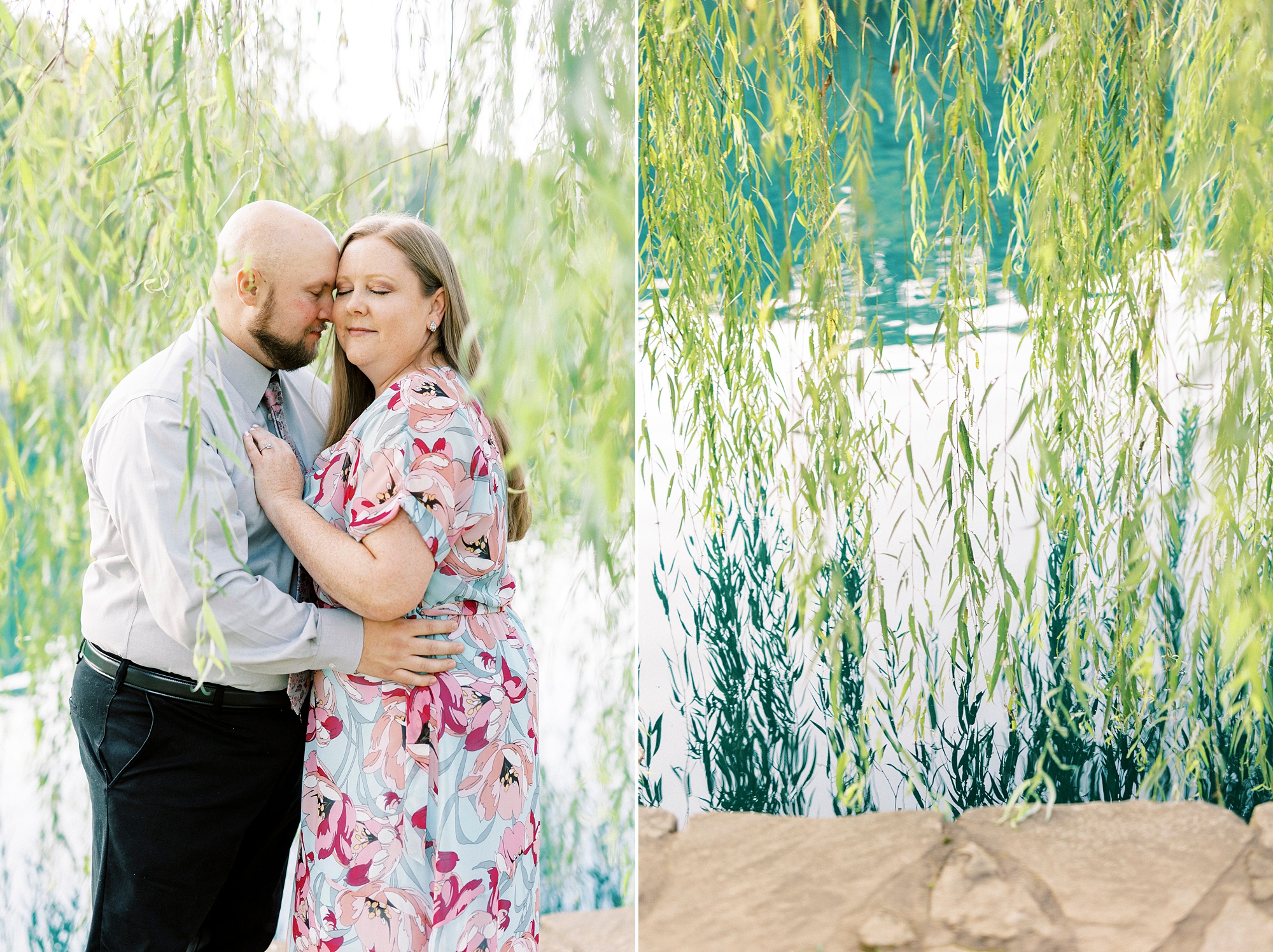 couple hugs under weeping willow in Freedom Park during engagement portraits