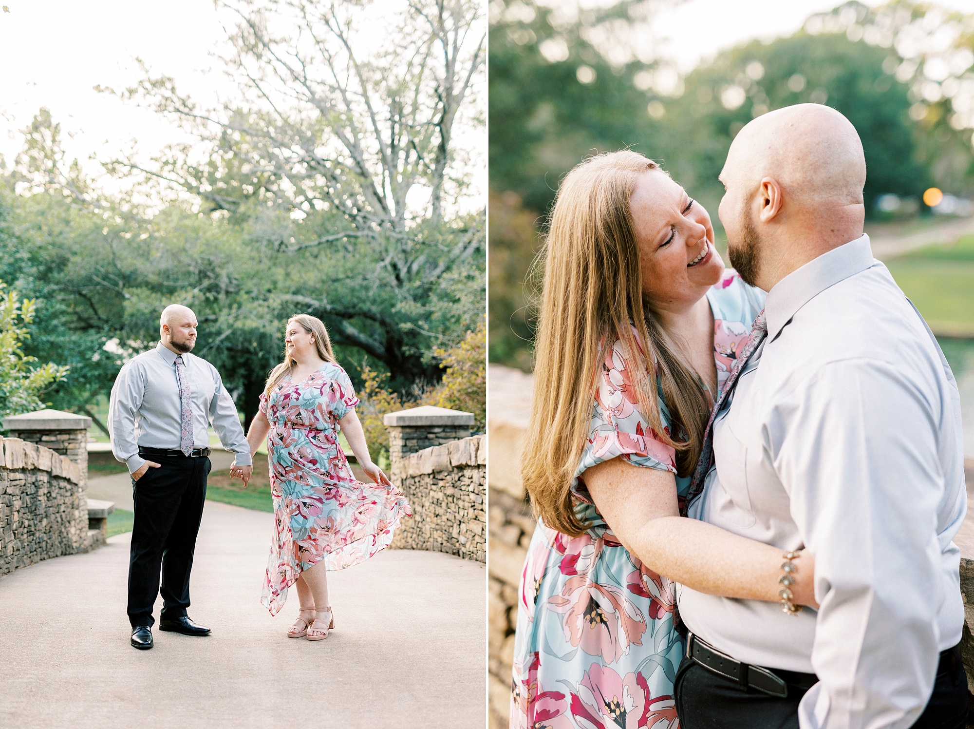 woman hugs man leaning to kiss him during Freedom Park engagement portraits