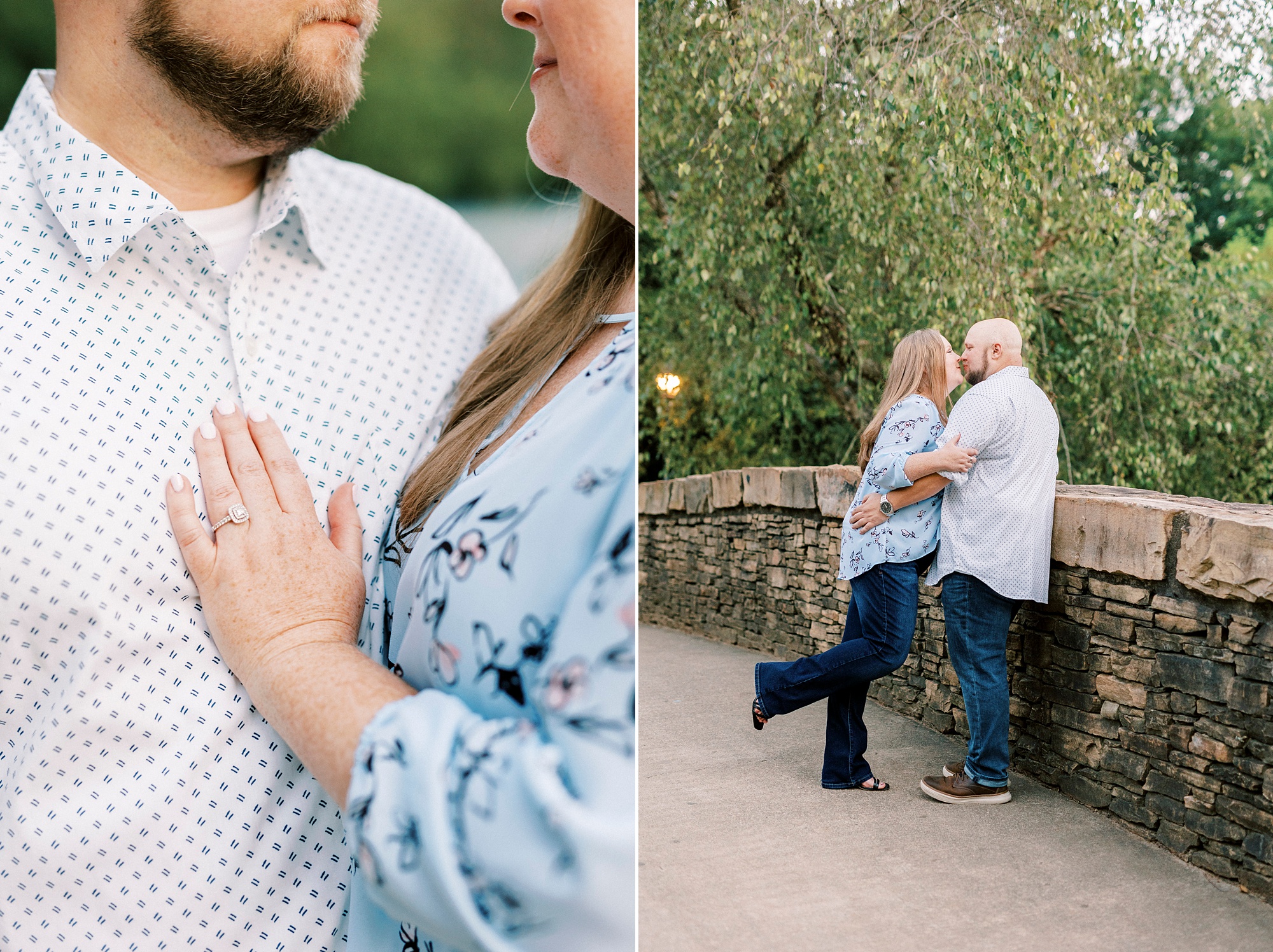 woman lays hand on man's chest during spring Freedom Park engagement portraits