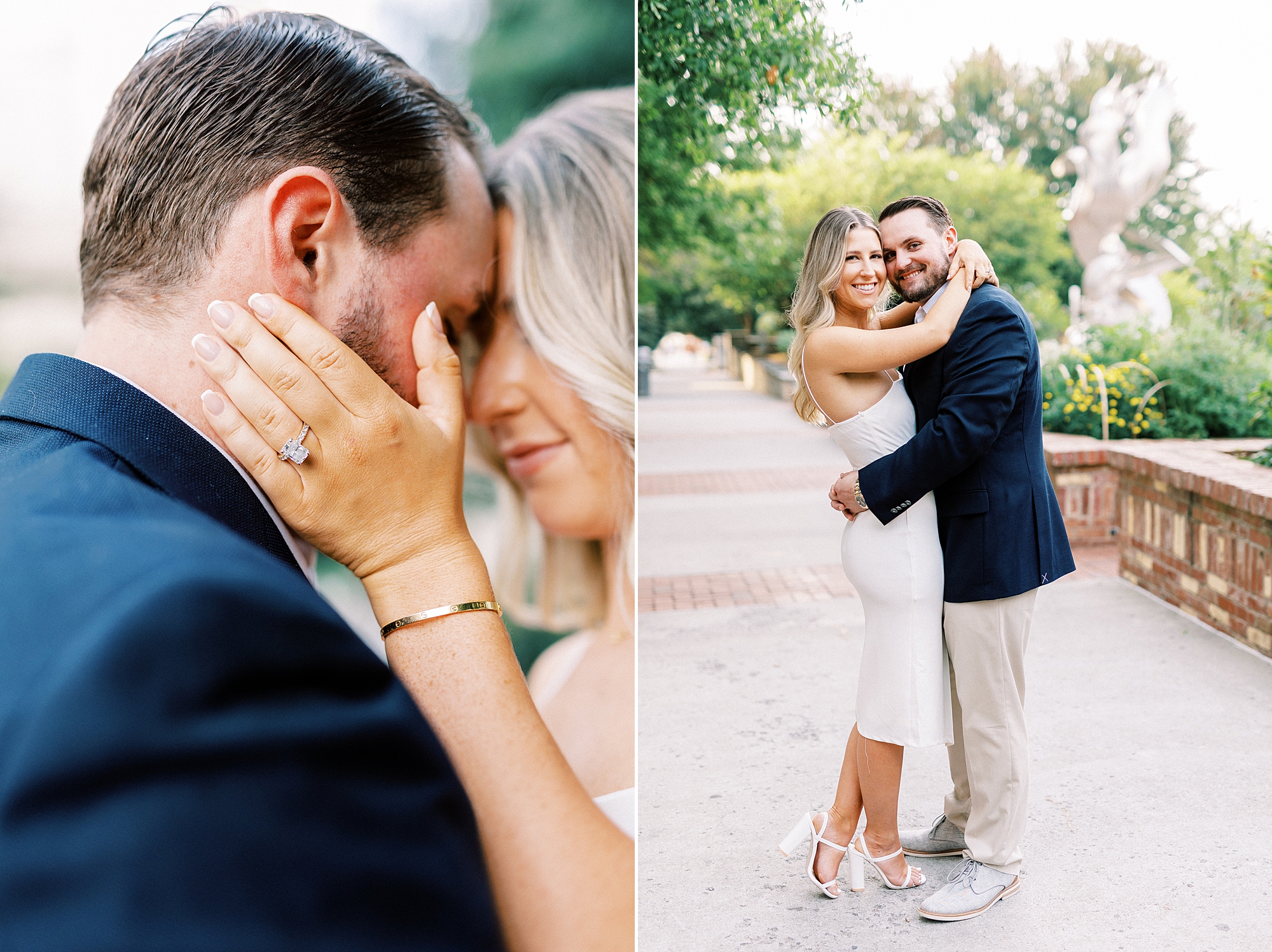 engaged couple hugs leaning heads together during Romare Bearden Park engagement session