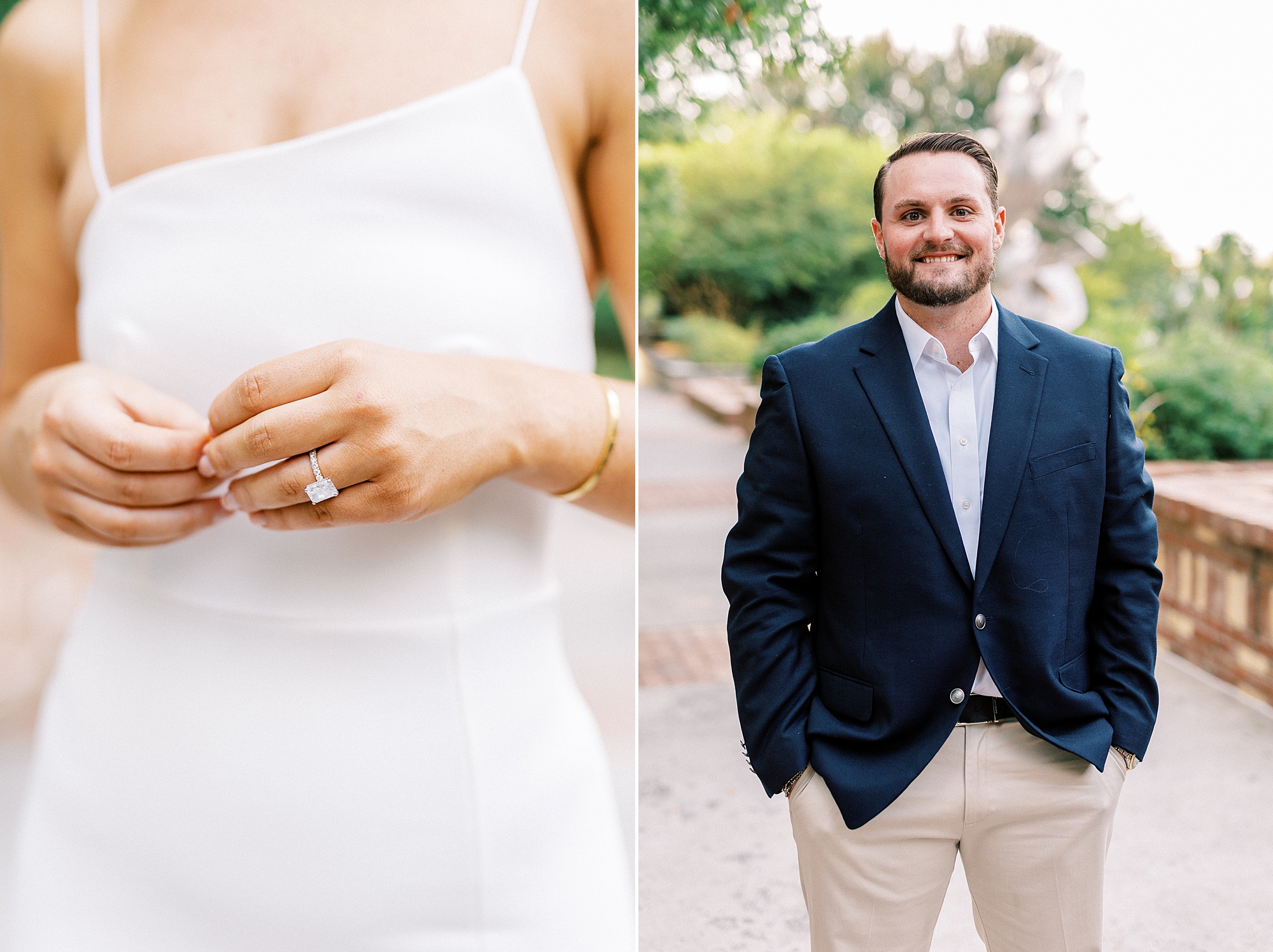 woman shows off engagement ring during Romare Bearden Park engagement portraits 