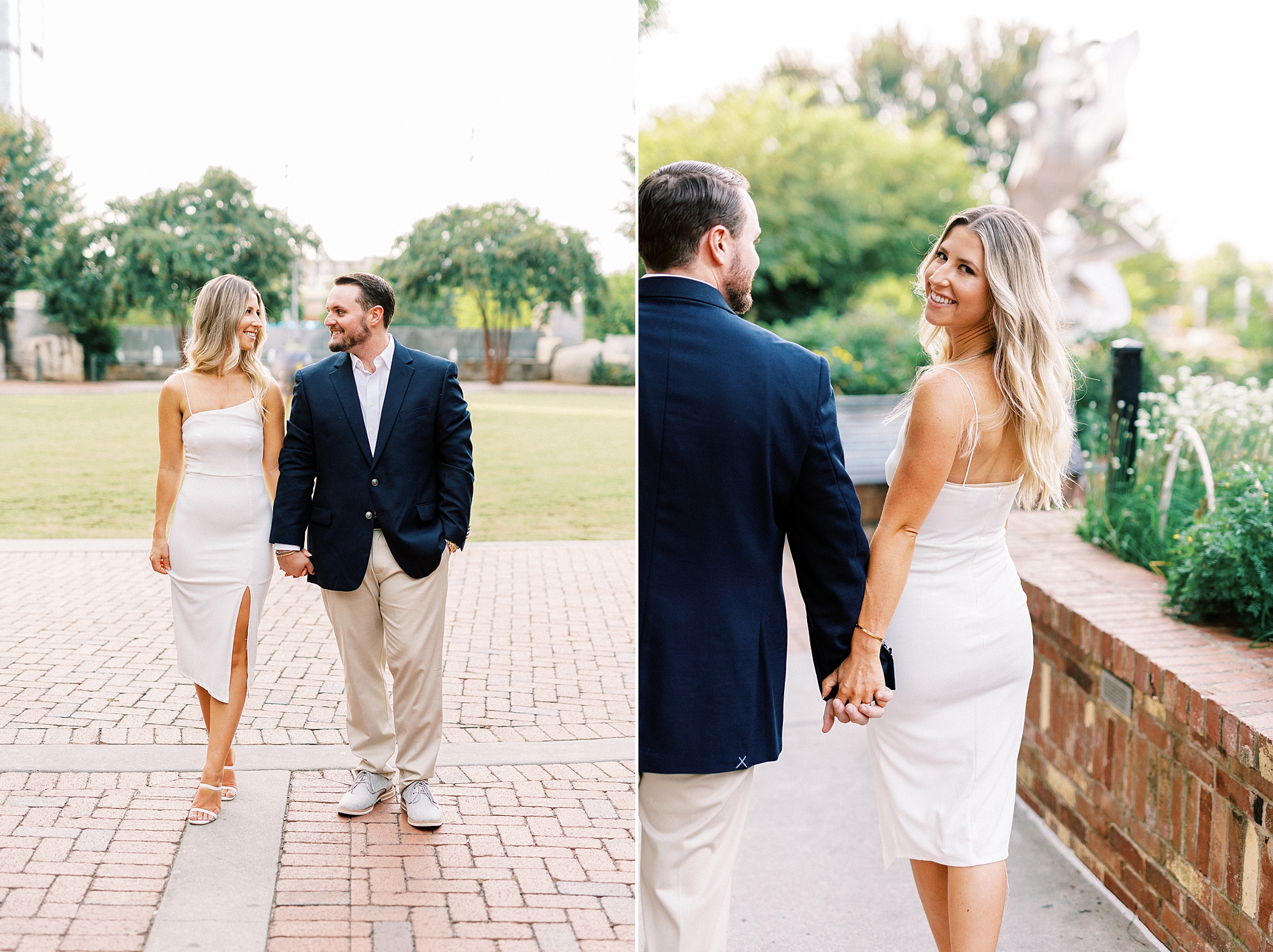 engaged couple holds hands walking during Romare Bearden Park engagement session