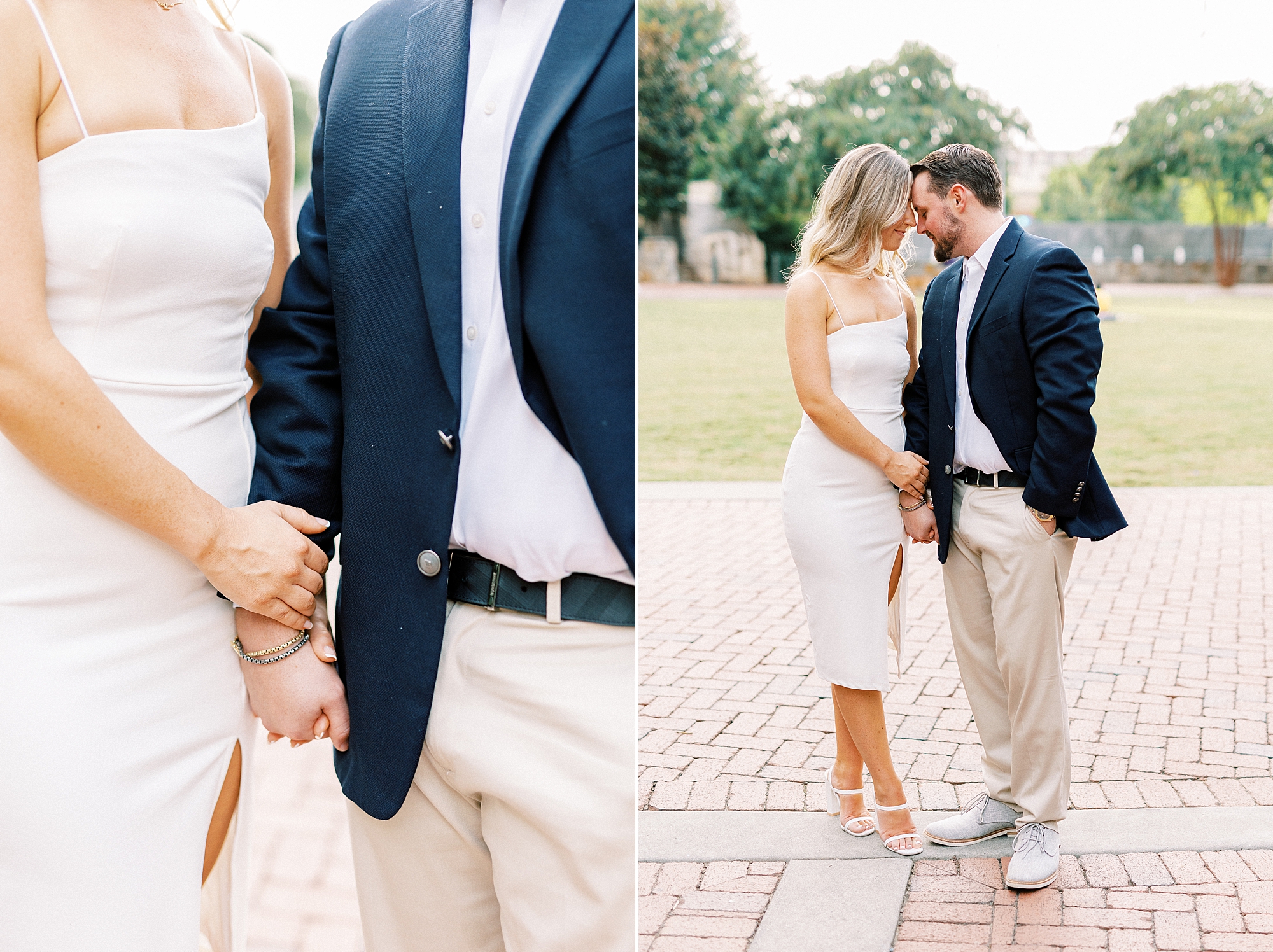couple holds hands leaning for kiss during Romare Bearden Park engagement session