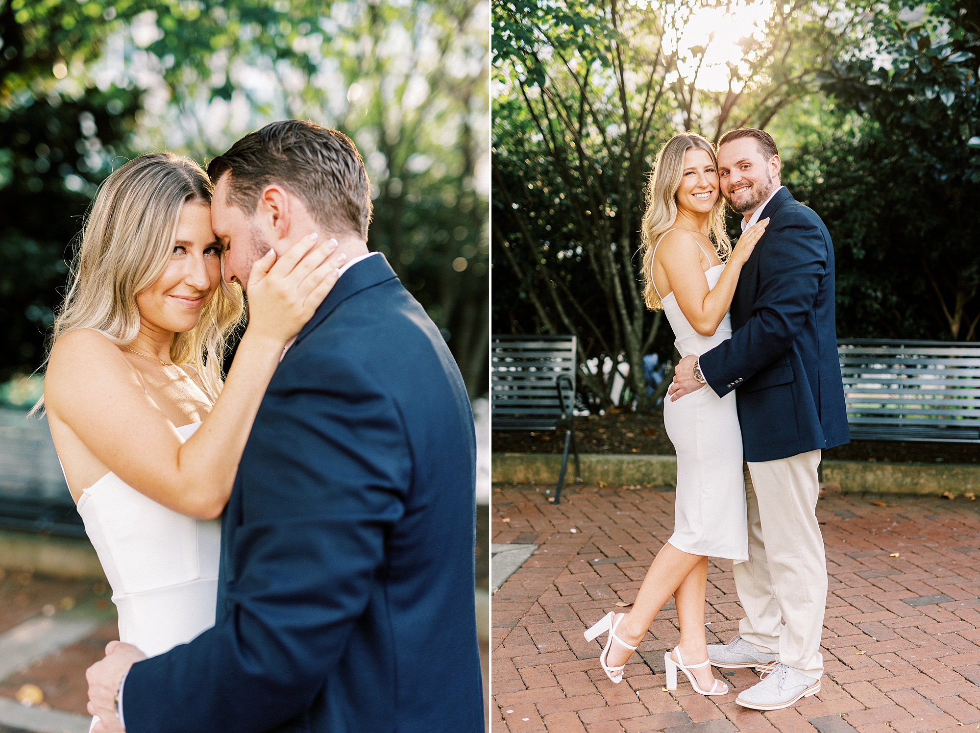 Romare Bearden Park engagement session for couple in white dresses and navy suit 