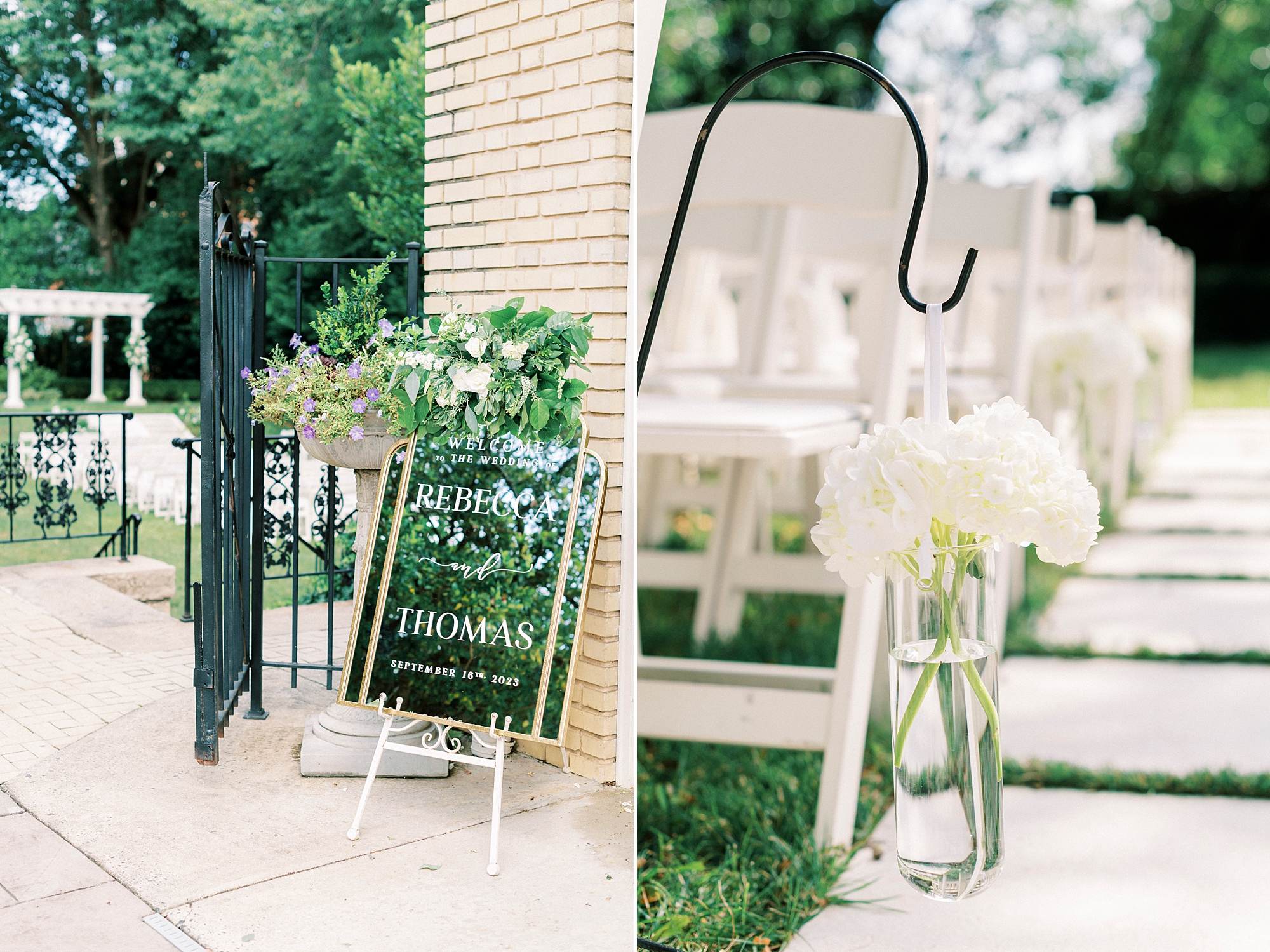 outdoor ceremony at Separk Mansion with white flowers hanging on white chairs