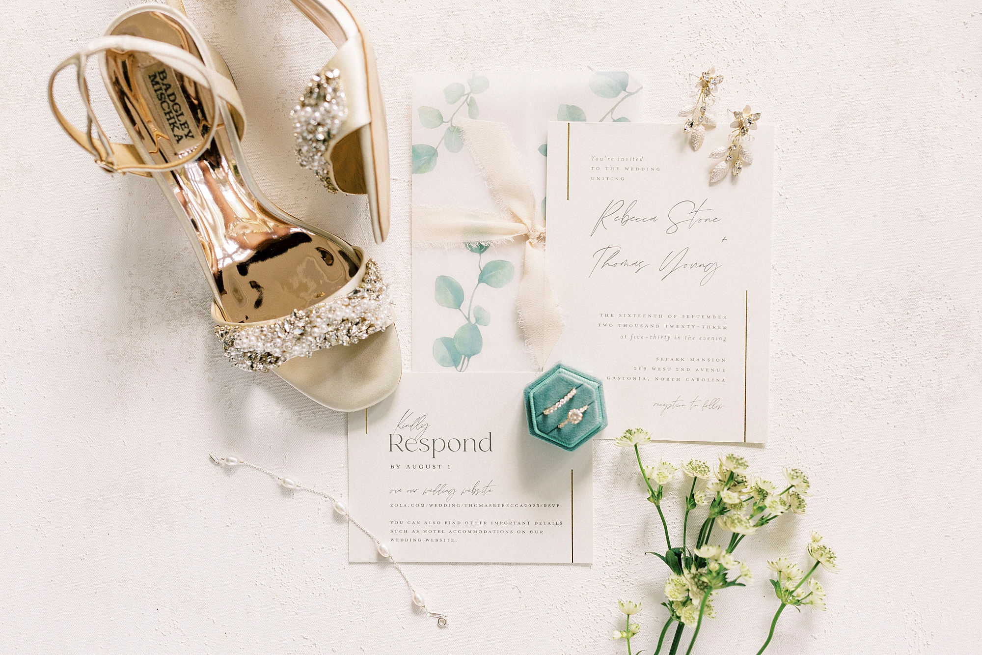 stationery set with bride's shoes and rings in teal ring box
