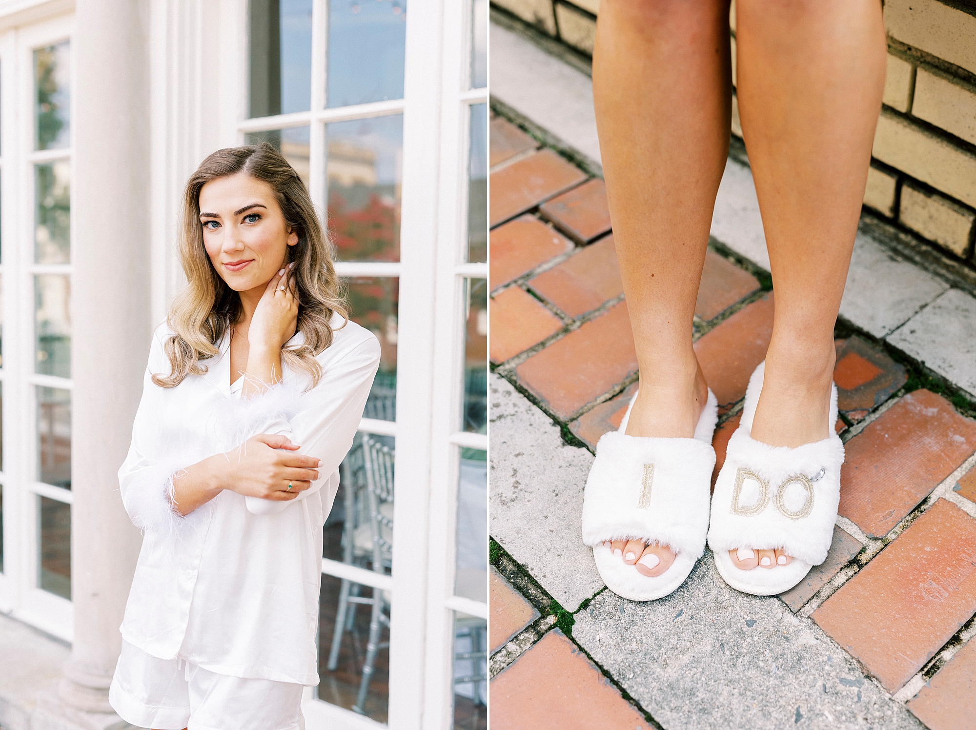 bride shows off "I DO" slippers on brick patio at Separk Mansion