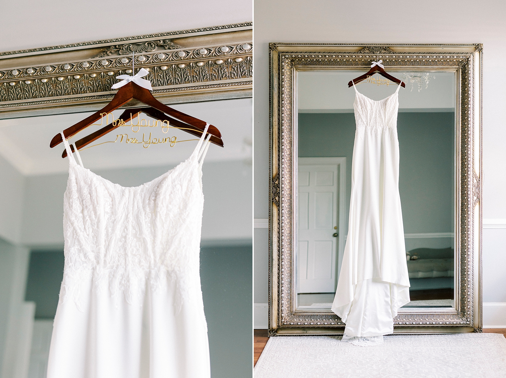 wedding dress hangs on gold rimmed mirror 