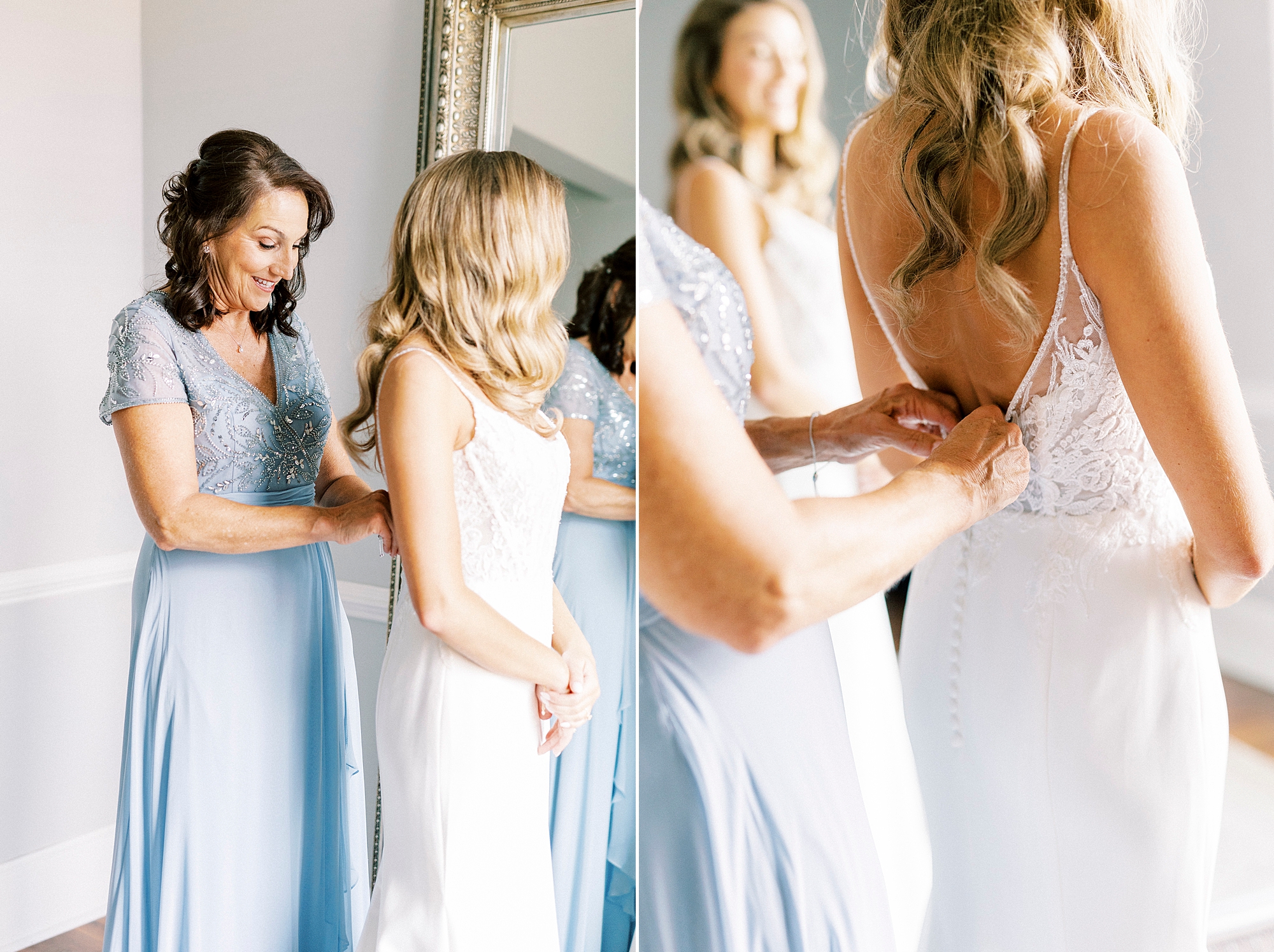bridesmaid in blue dress helps bride into wedding gown at Separk Mansion