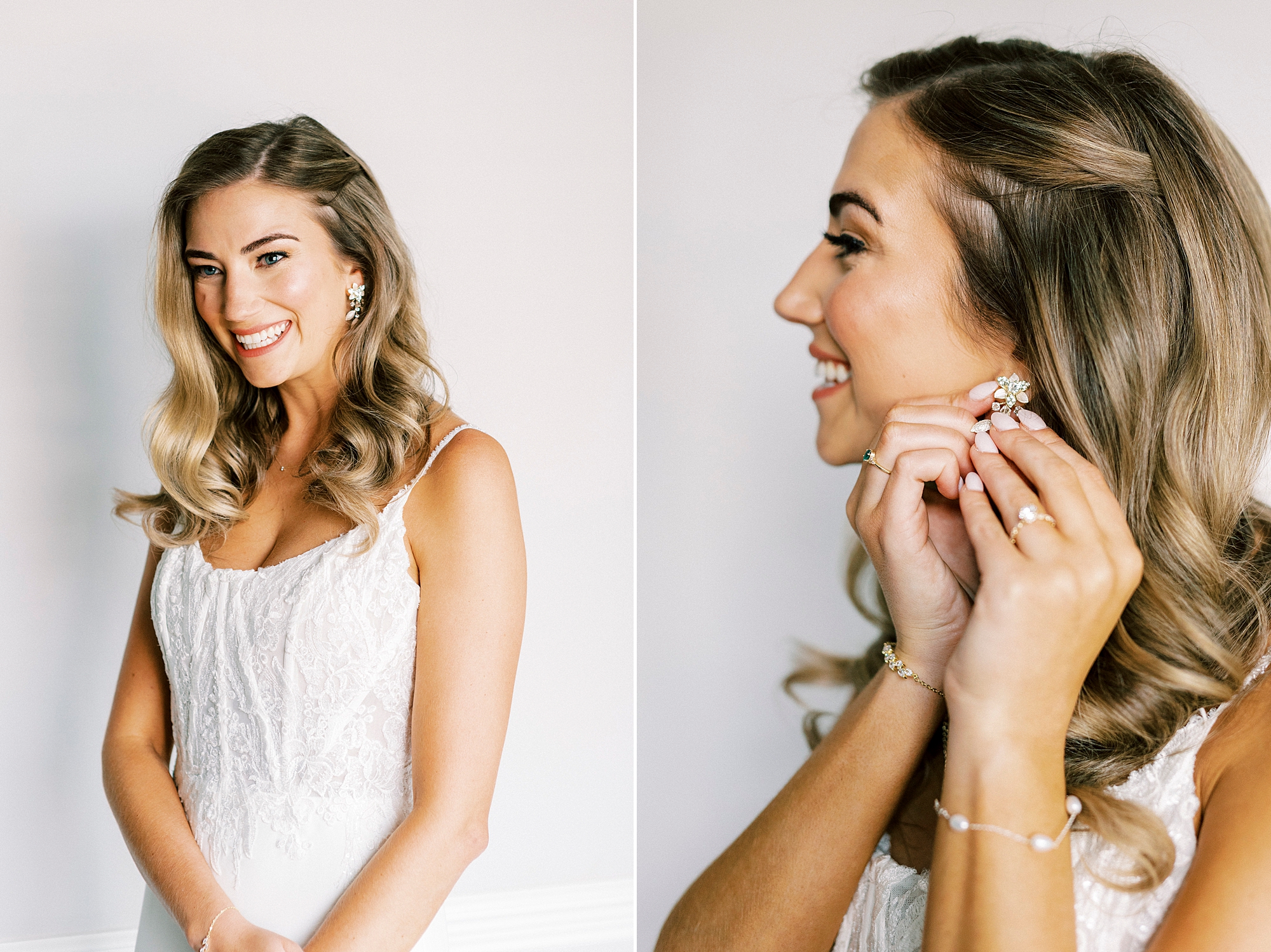 bride smiles and adjusts earrings on wedding morning 