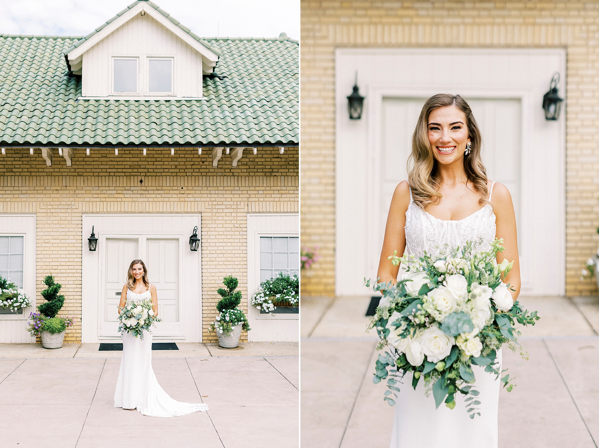 bride stands outside Separk Mansion holding bouquet of white flowers and greenery 