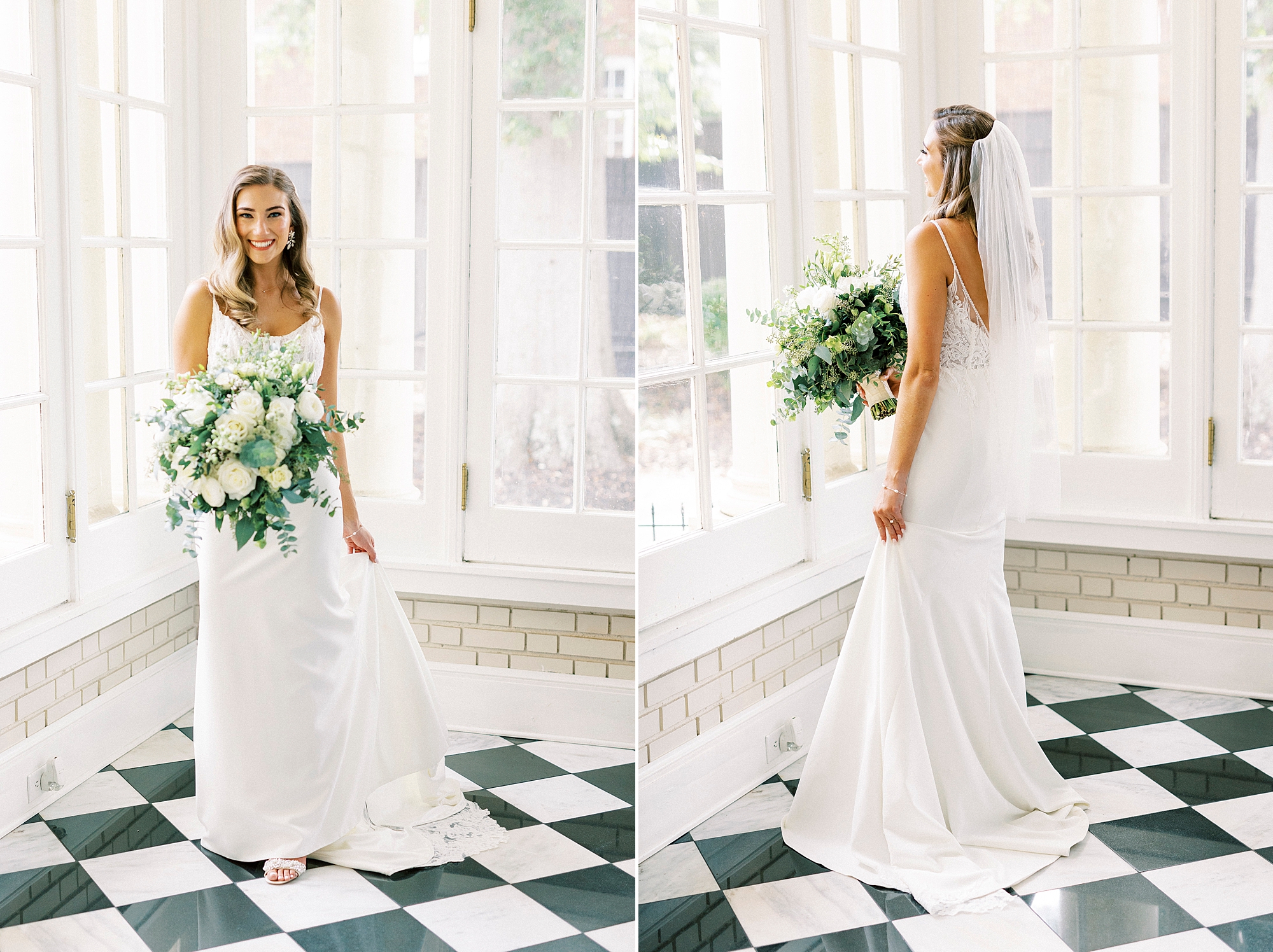 bride twirls in wedding dress on black and white flower inside Separk Mansion