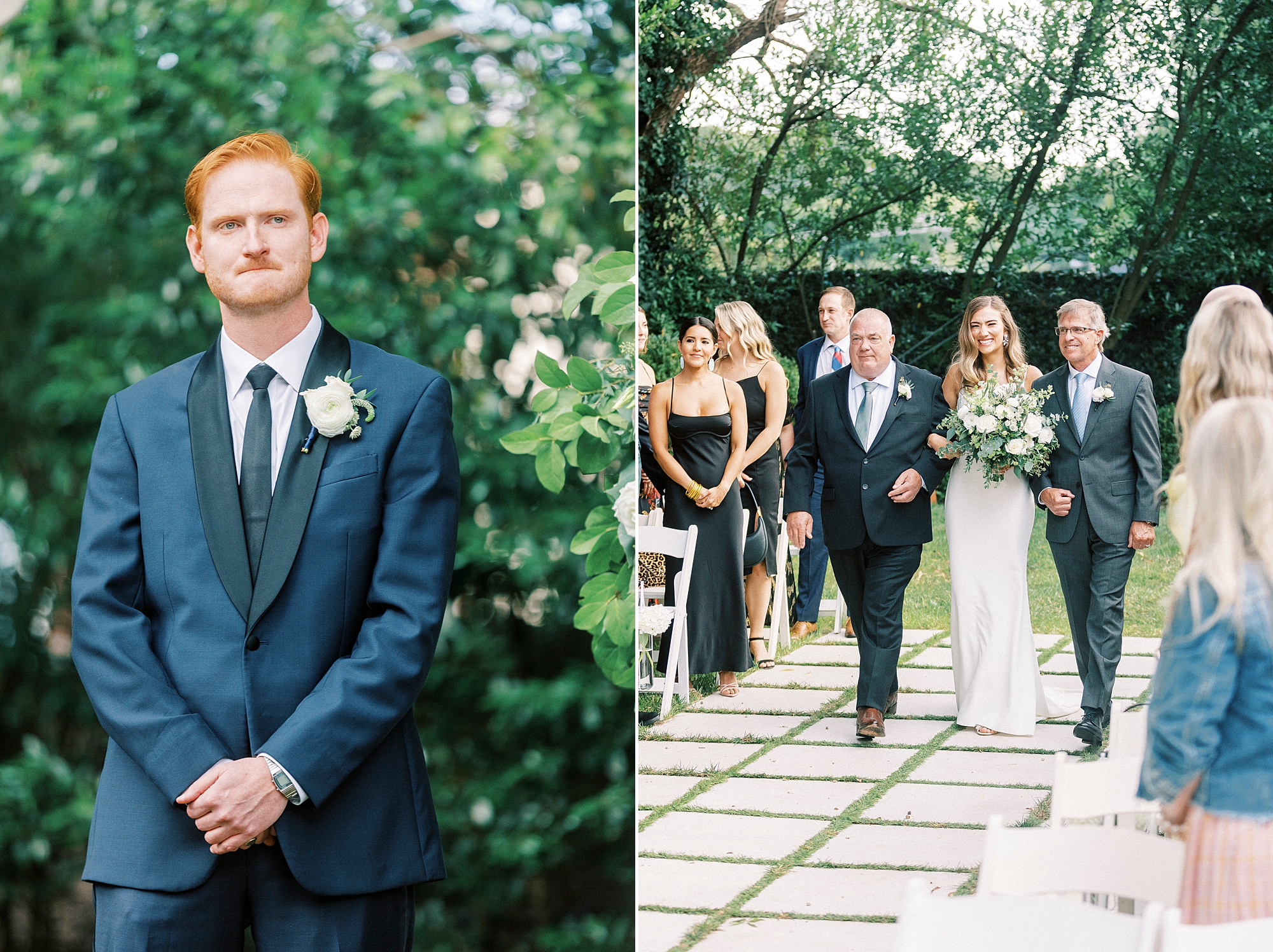 groom in navy suit watches bride walk down aisle for outdoor wedding ceremony at Separk Mansion
