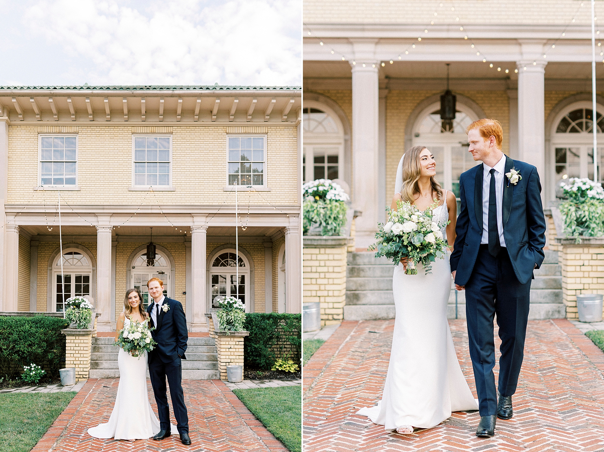 bride and groom hold hands walking down brick patio at Separk Mansion