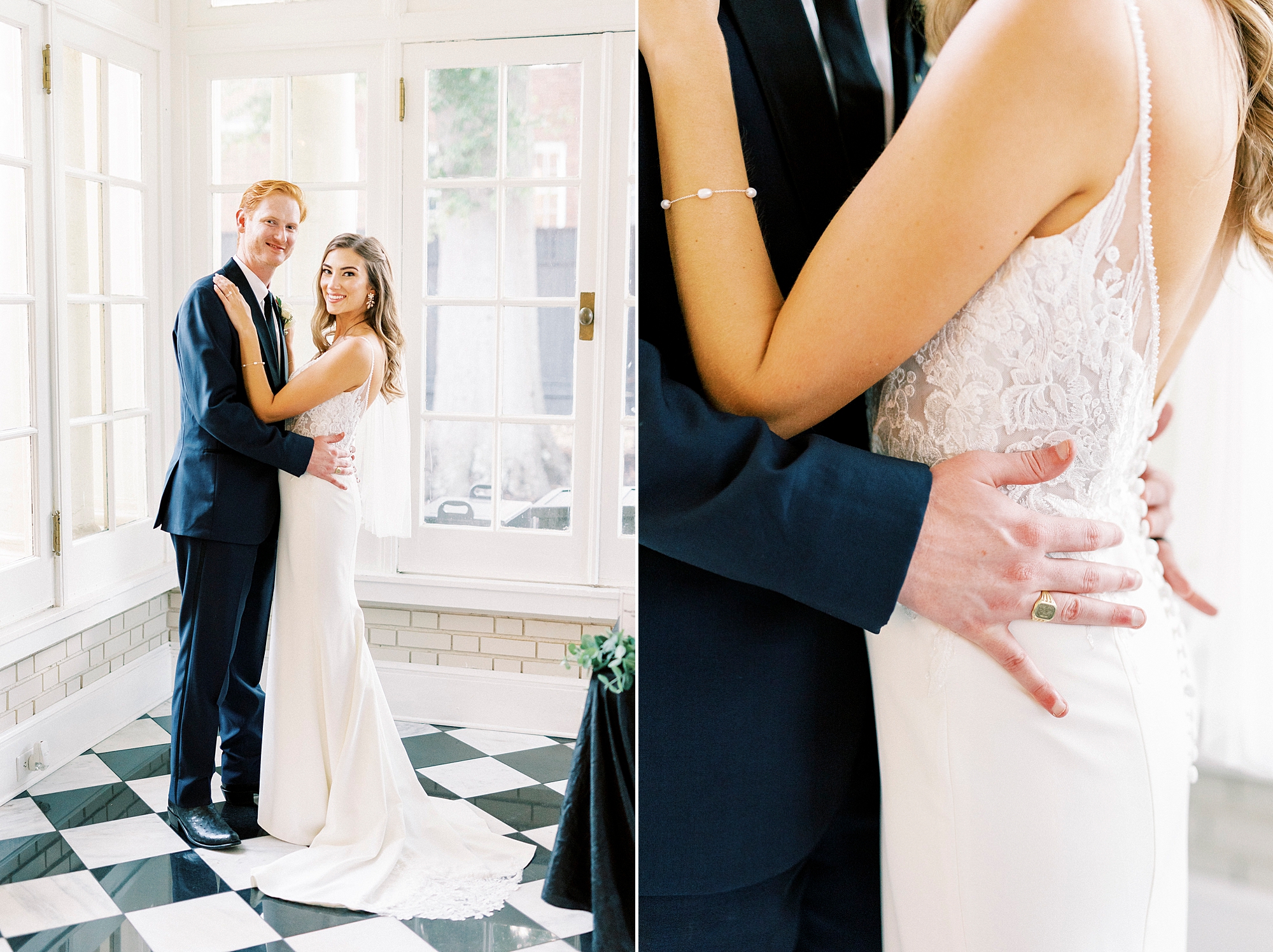 bride and groom hug inside sunroom with black and white tile floors at Separk Mansion