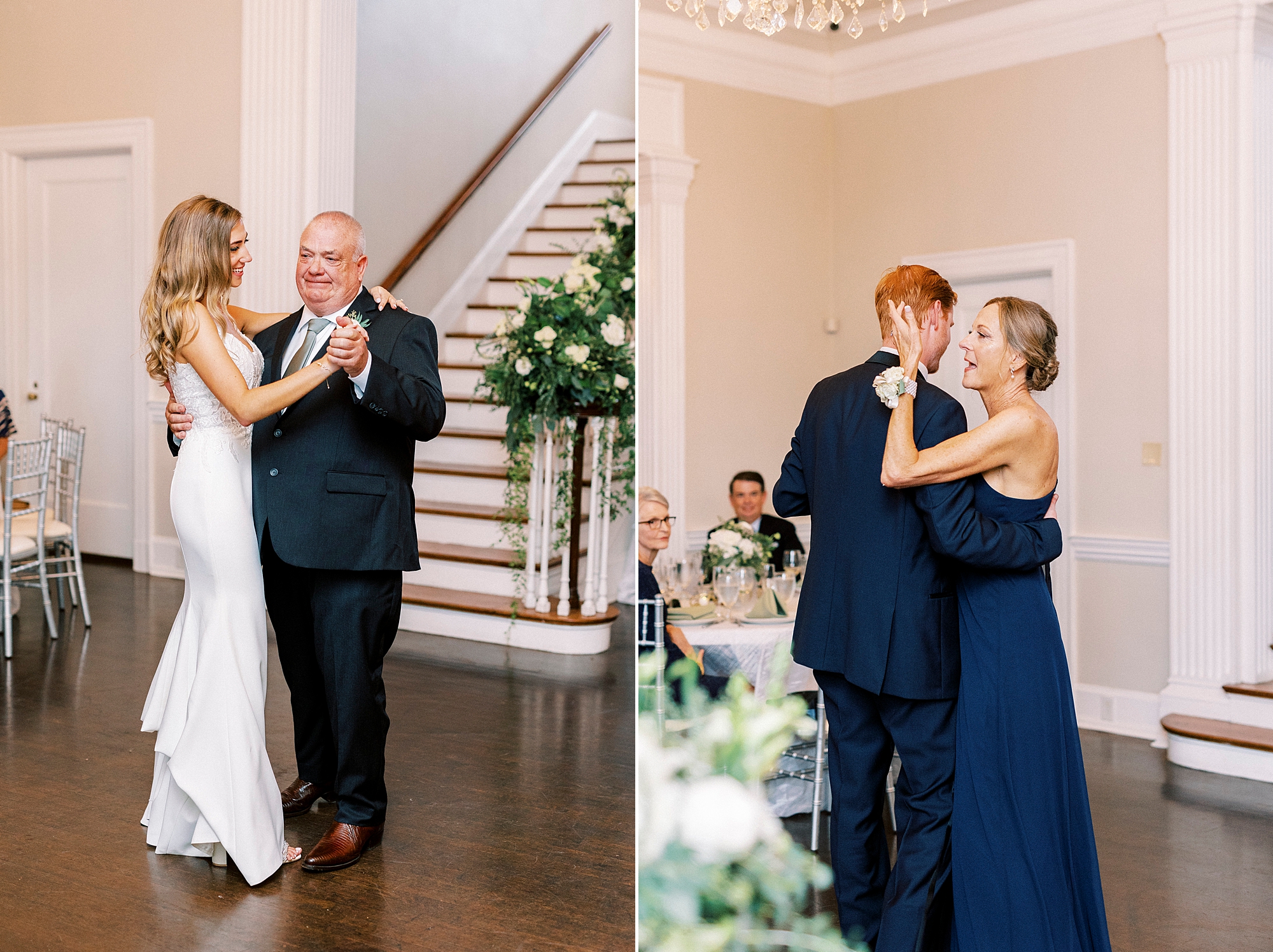 bride and groom dance with parents during NC wedding reception