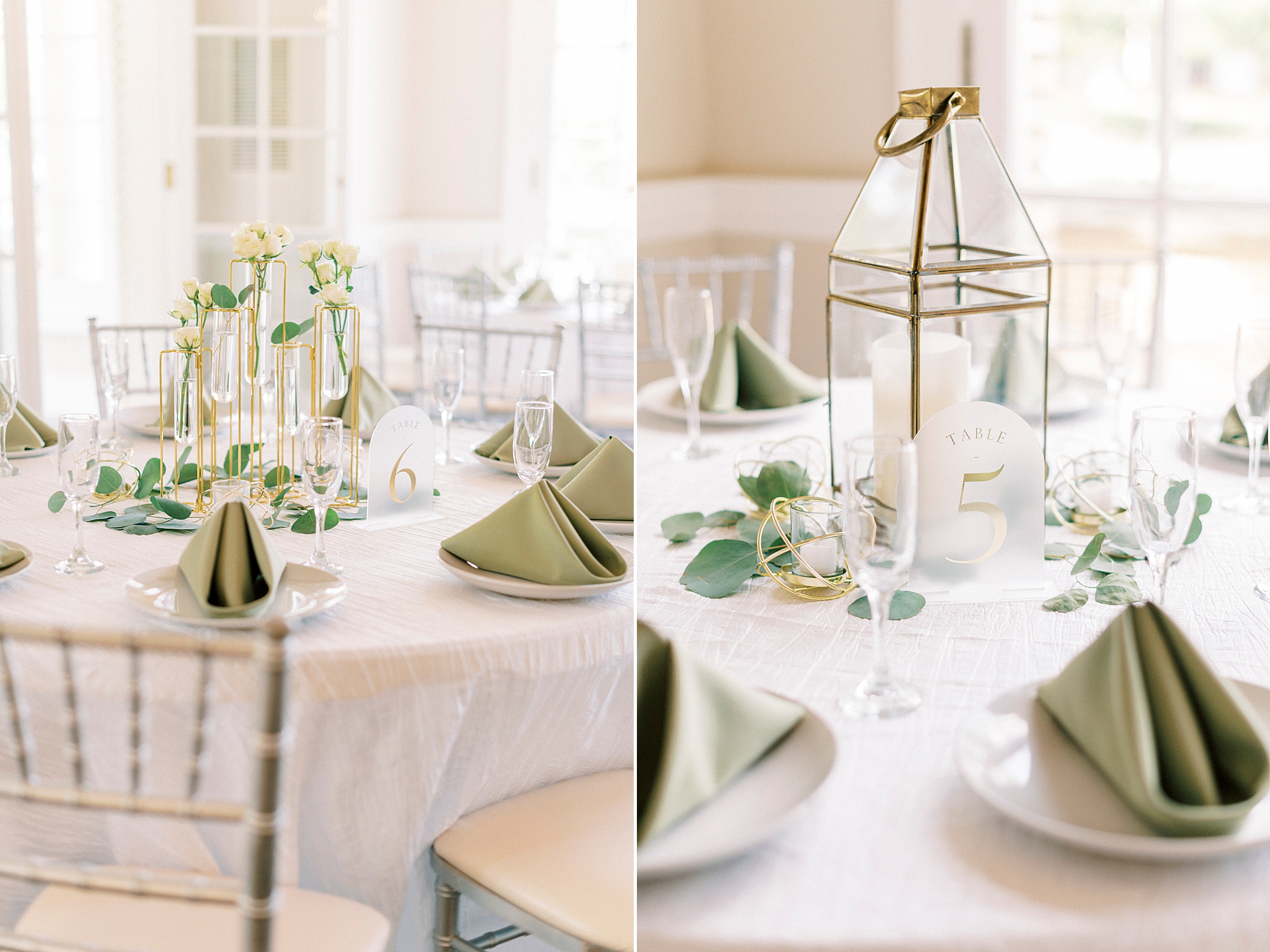 elegant wedding reception at Separk Mansion with sage green details and gold centerpieces
