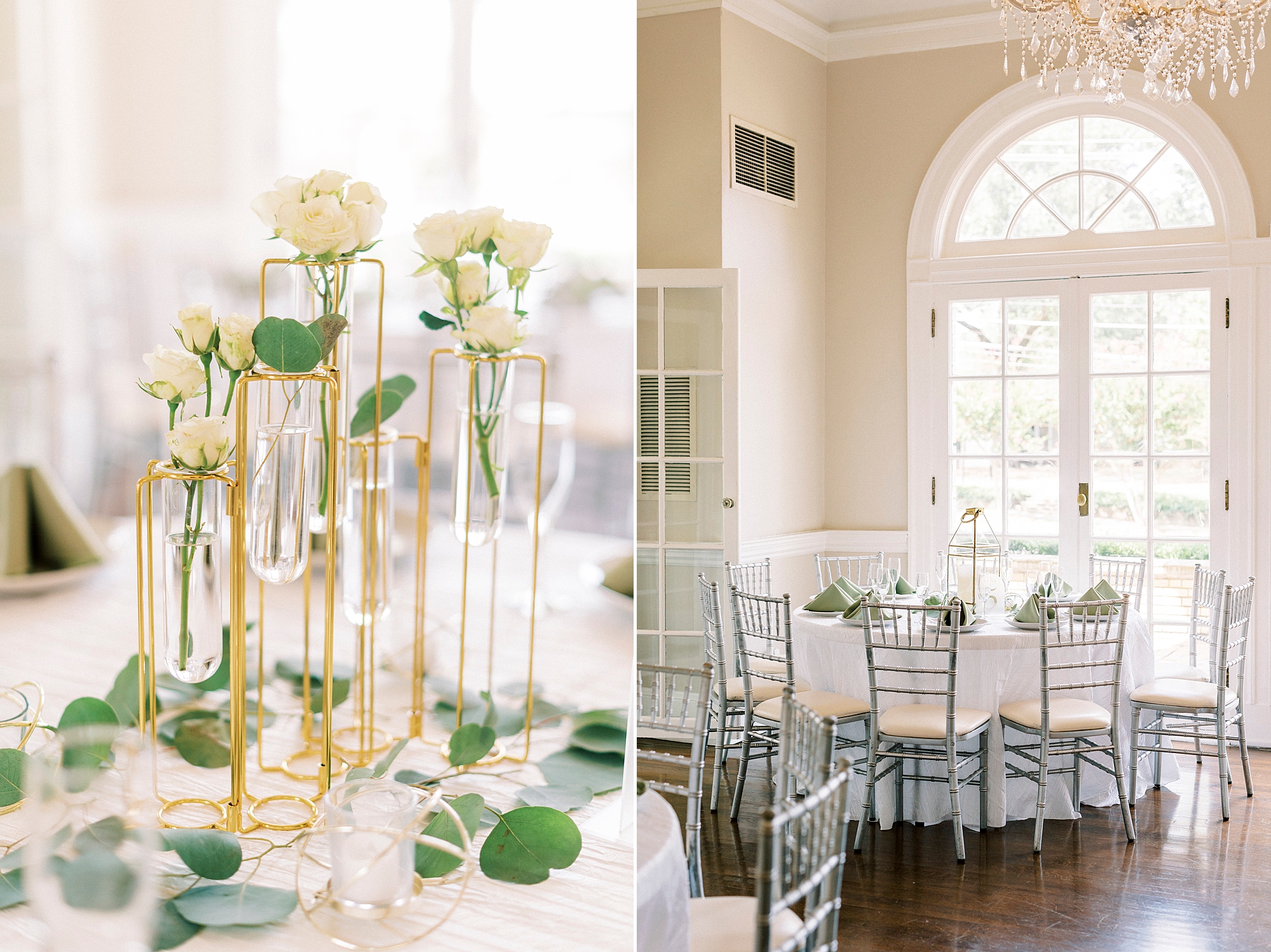 gold and ivory centerpieces during elegant wedding reception at Separk Mansion