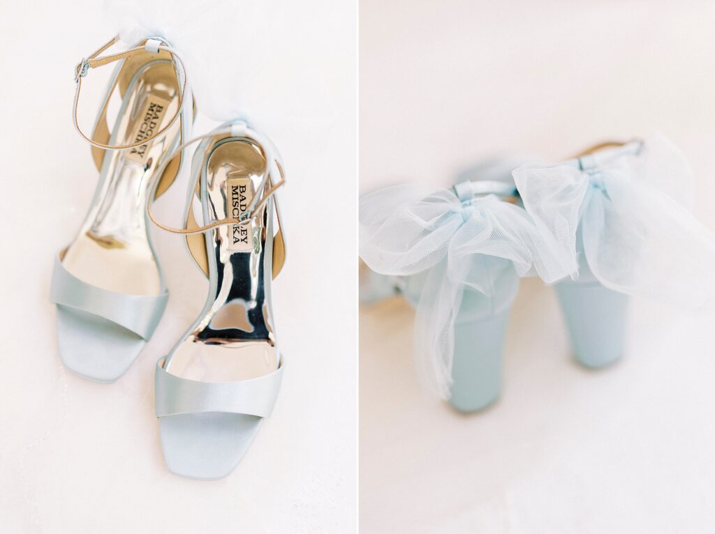 bride's blue shoes with bows for fall wedding day