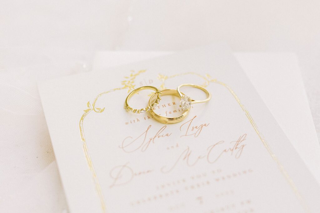 gold wedding bands on classic invitation suite 