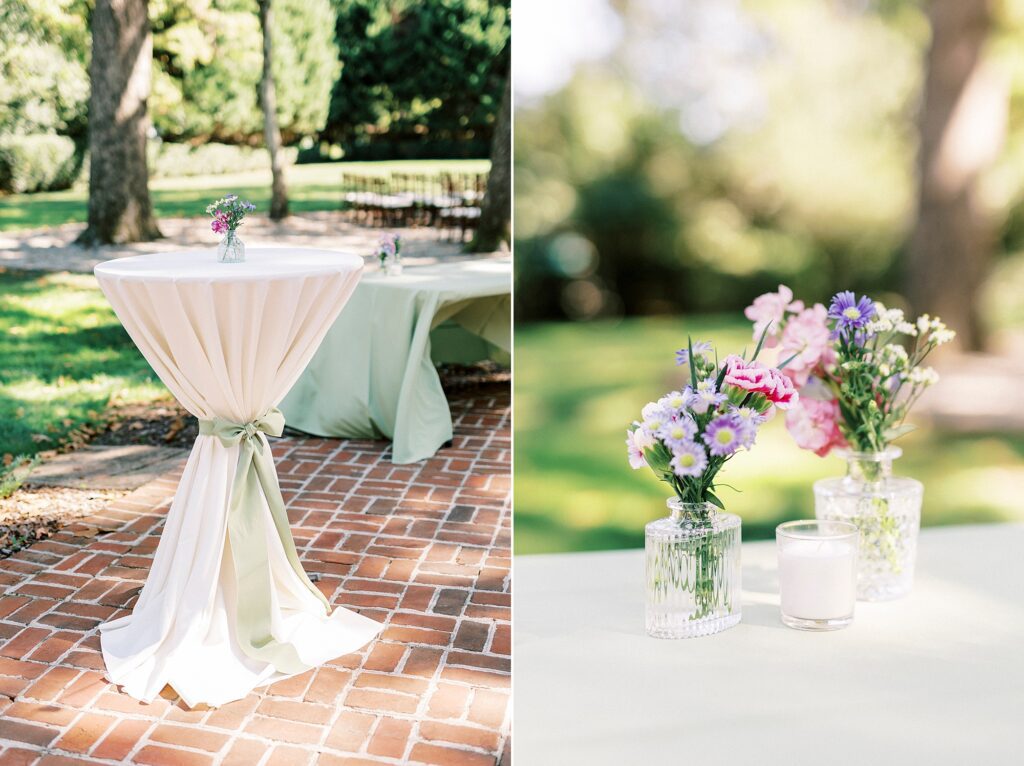 cocktail tables with small wildflower centerpieces at Whitehead Manor
