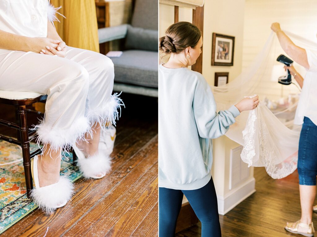 bridesmaid helps bride prepare for wedding day with fuzzy slippers