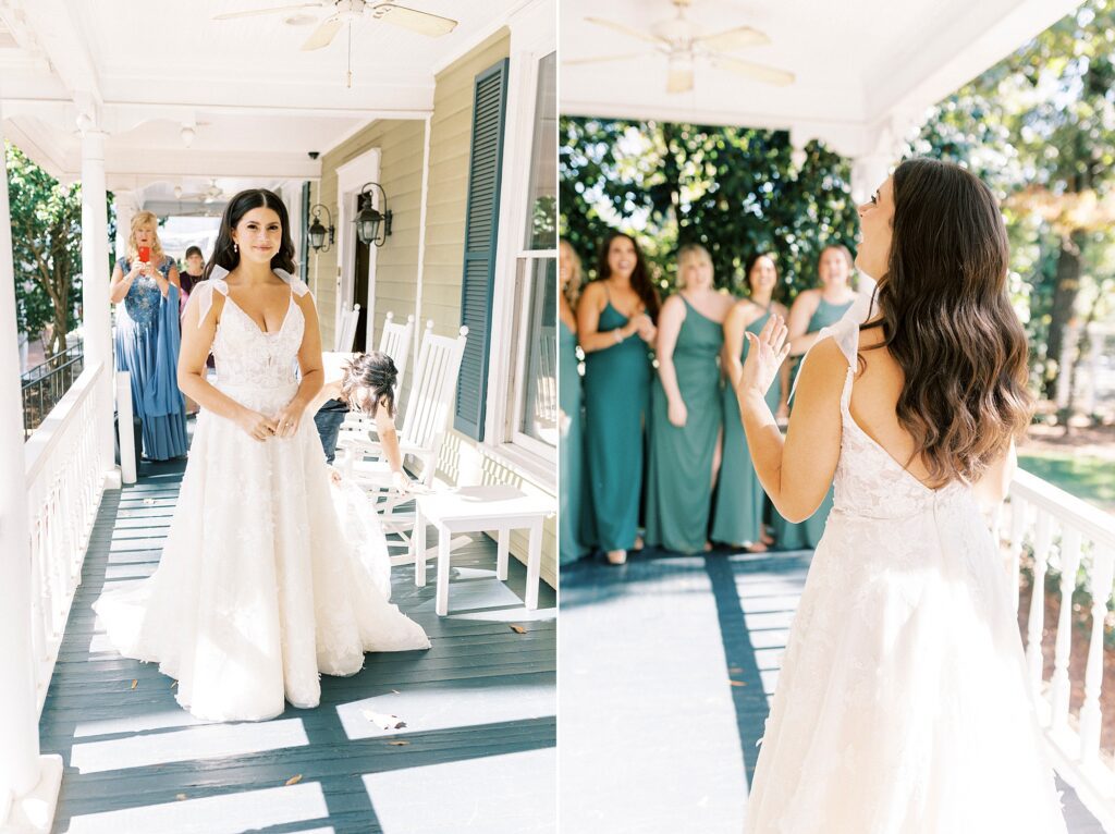 bride has first look with bridesmaids in green gowns