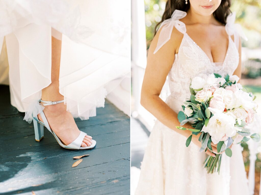 bride holds bouquet of white and pink flowers and shows off blue shoes 