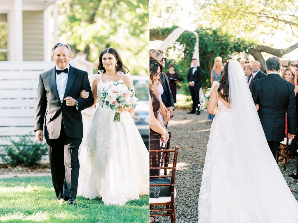 bride walks down aisle with father during ceremony at Whitehead Manor