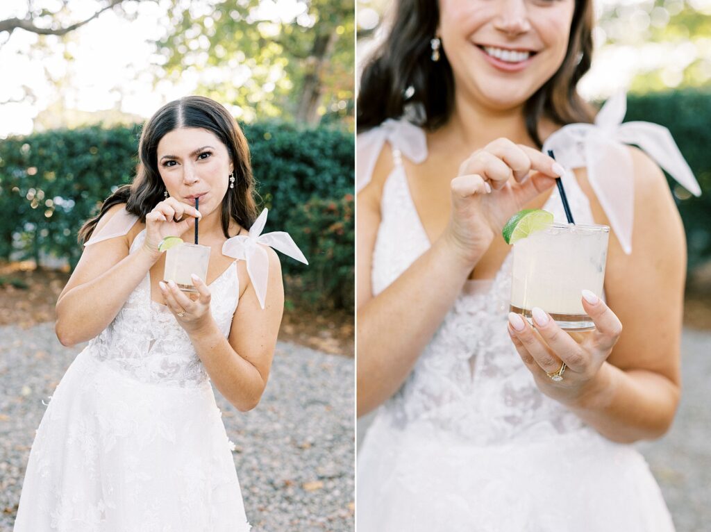 bride drinks custom signature cocktail during NC wedding day