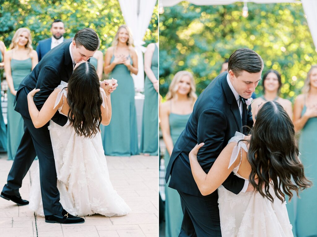groom dips bride kissing her on dance floor at Whitehead Manor