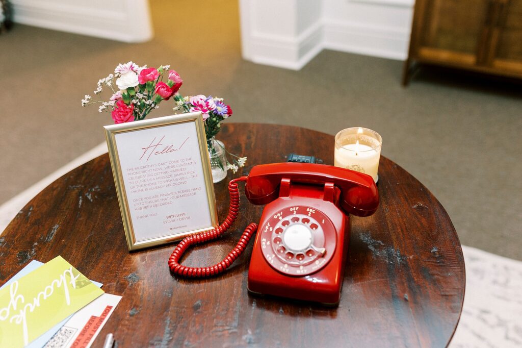 red phone audio guest book for NC wedding reception 