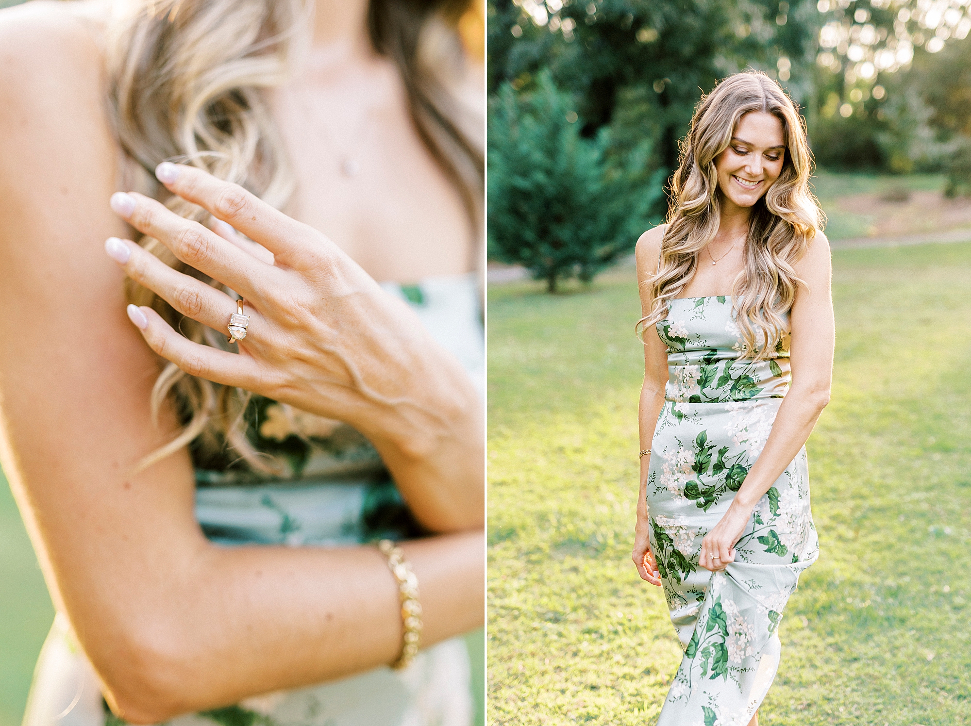 blonde woman in green floral dress shows off engagement ring 