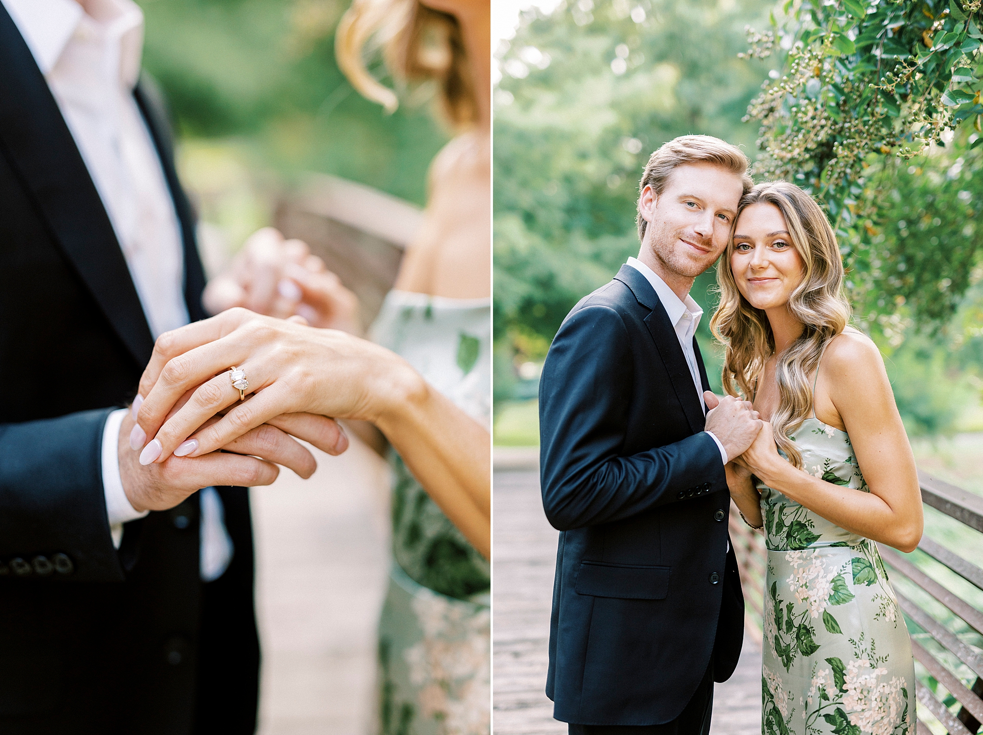 man in blue suit holds woman's hand out showing off engagement ring