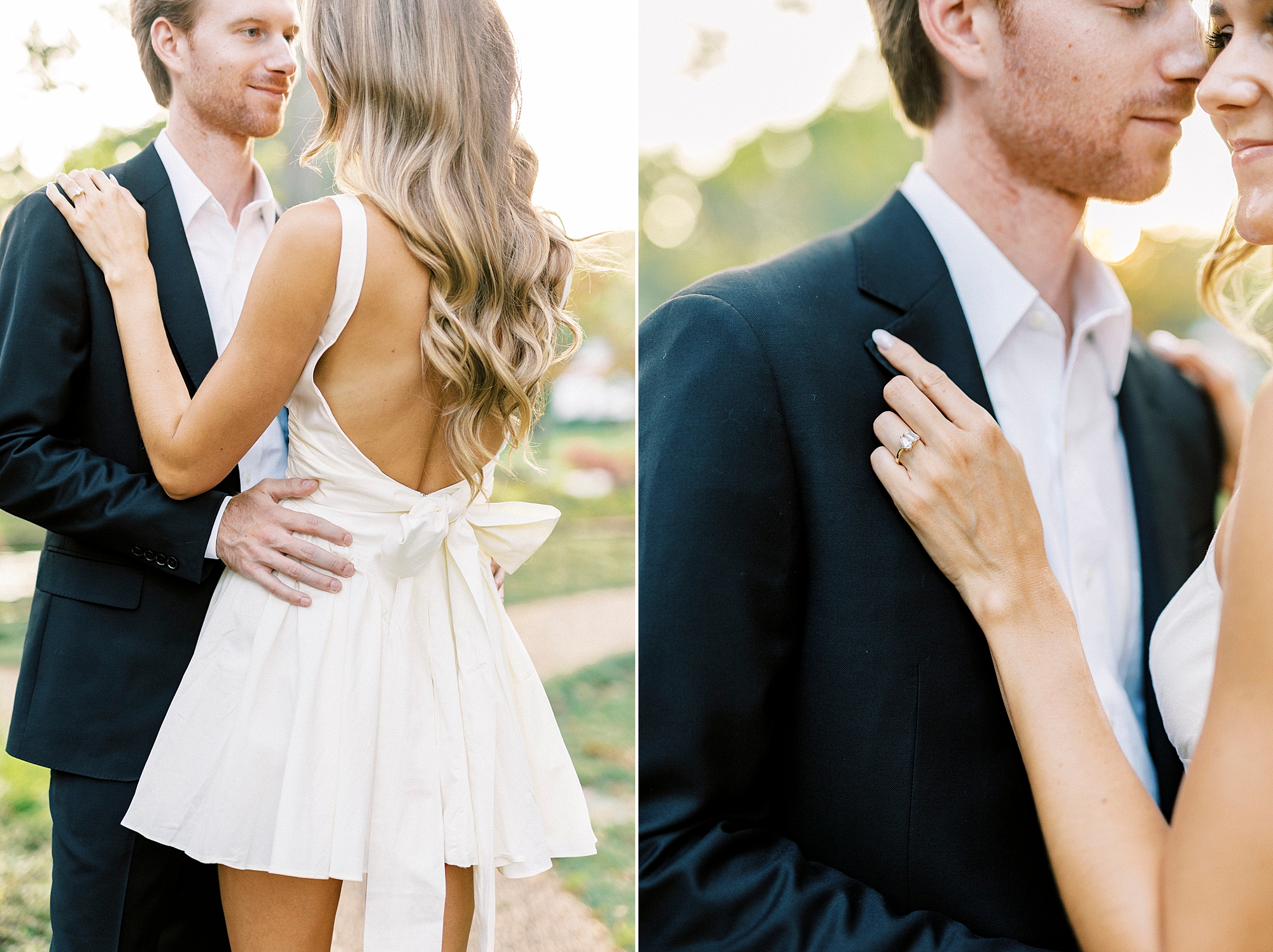 blonde woman hugs man showing off back of dress with bow
