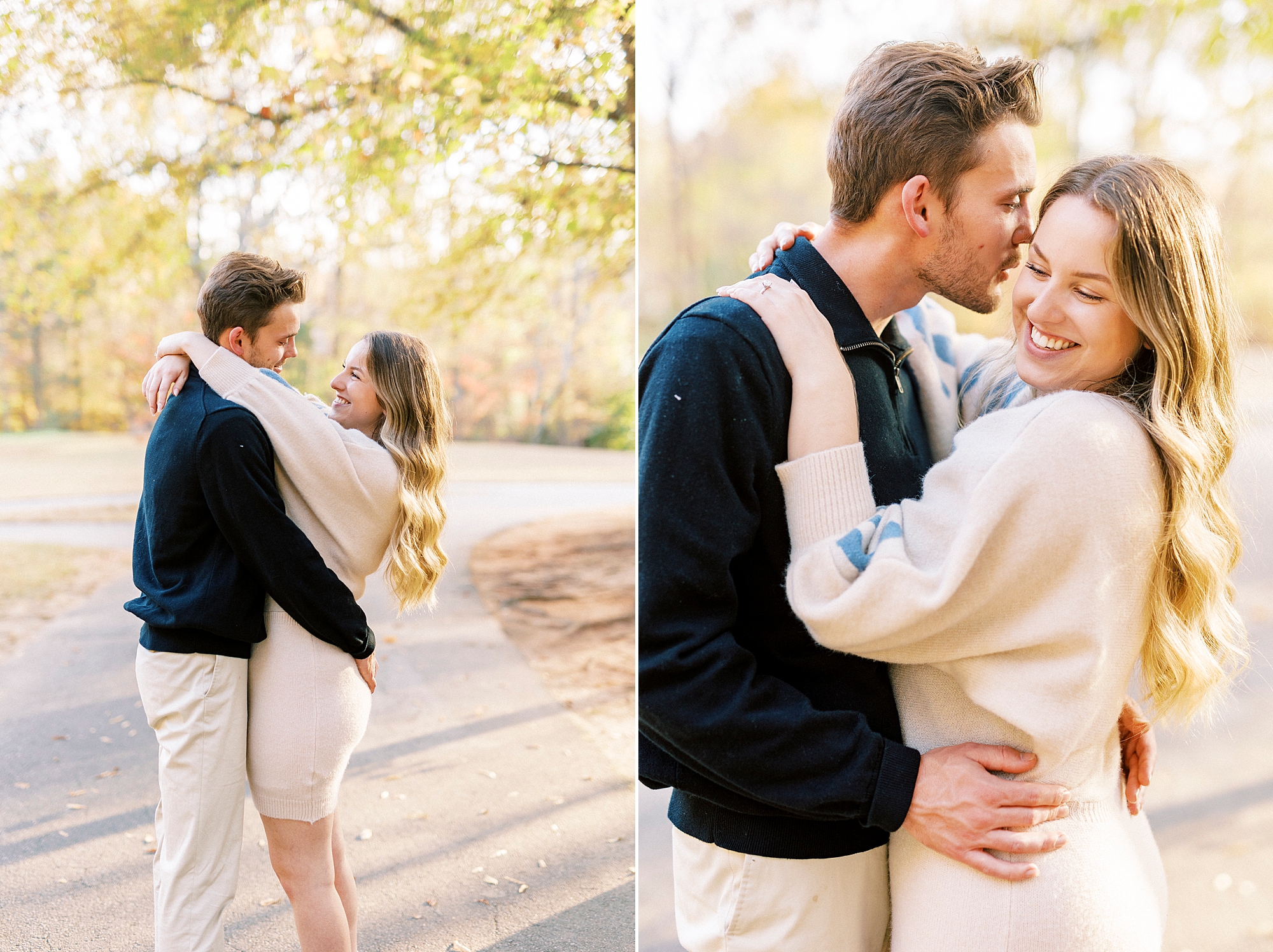 man leans to kiss woman's cheek making her laugh during fall engagement photos at Baker's Creek Park