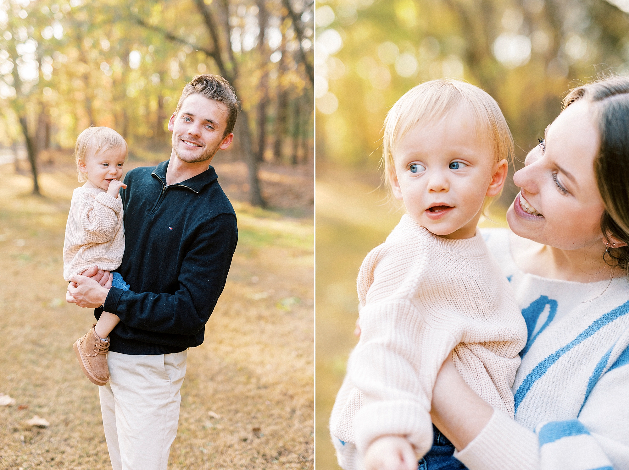 engaged couple holds blonde son between them during fall family photos at Baker's Creek Park