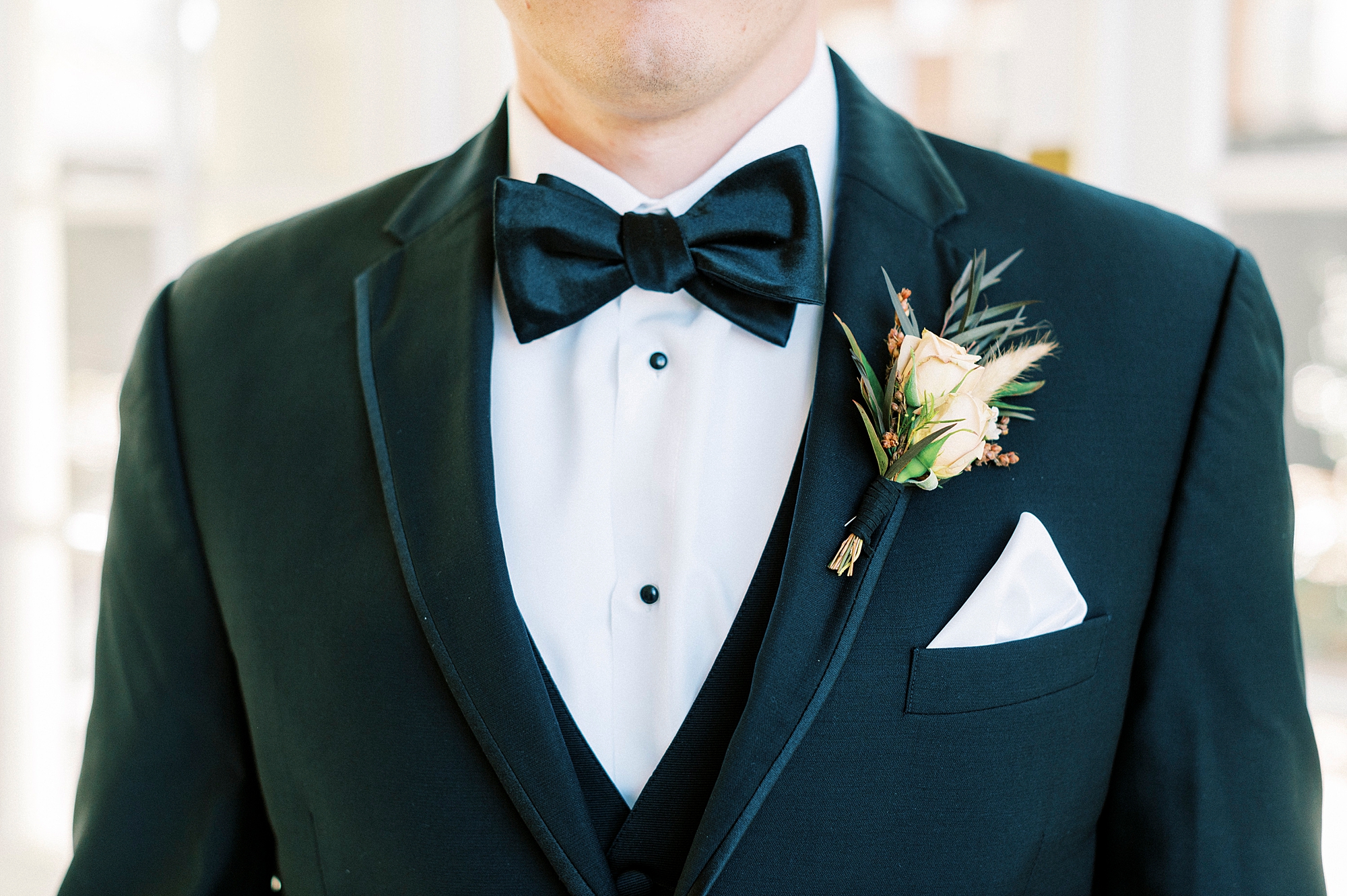 groom's teal bowtie for classic fall wedding at Separk Mansion
