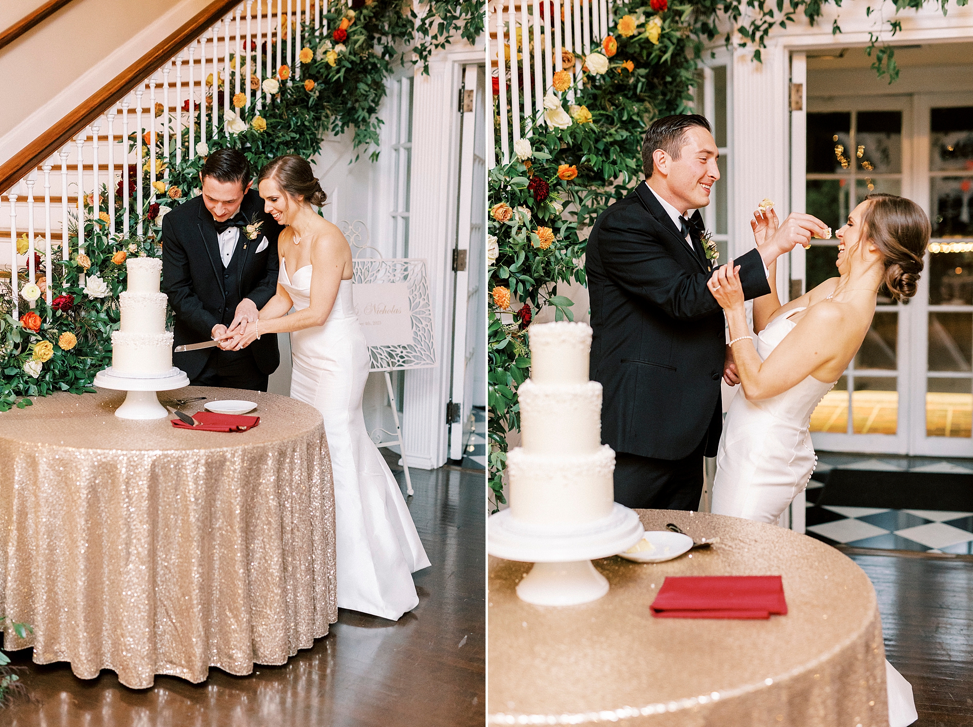 bride and groom cut wedding cake by staircase inside Separk Mansion