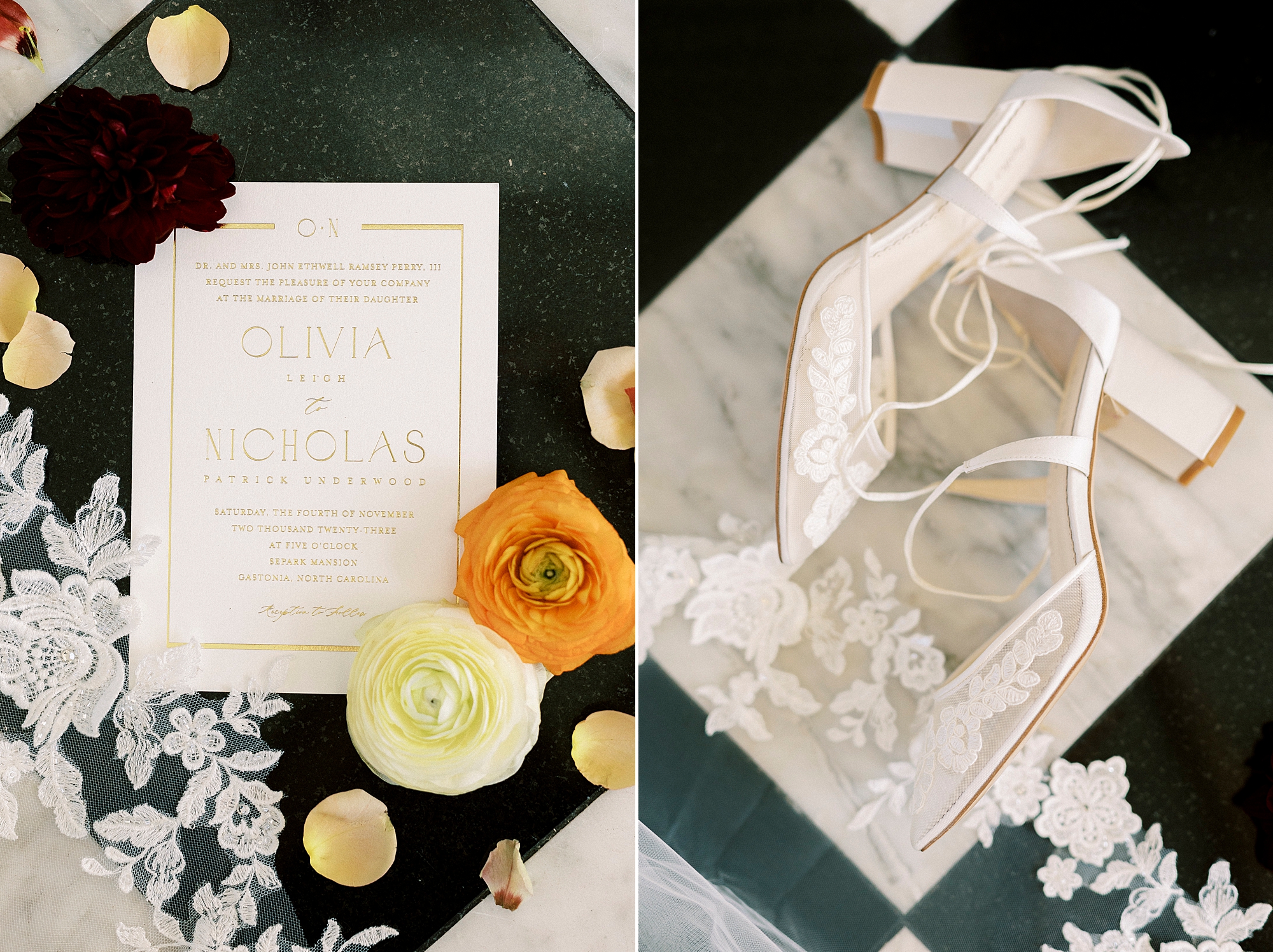 bride's shoes and invitation suite lay on black and white floor of Separk Mansion