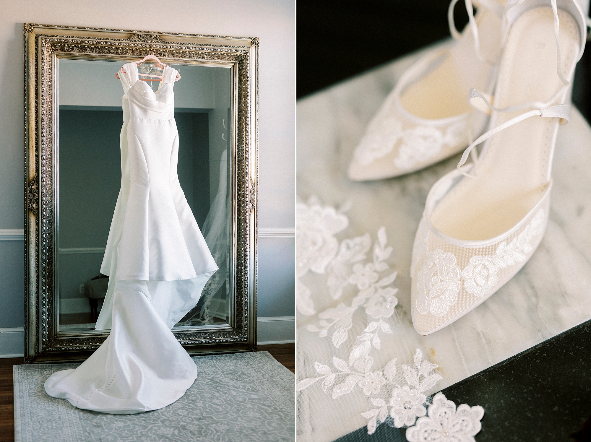 wedding dress hangs on gold mirror inside the bridal suite at Separk Mansion